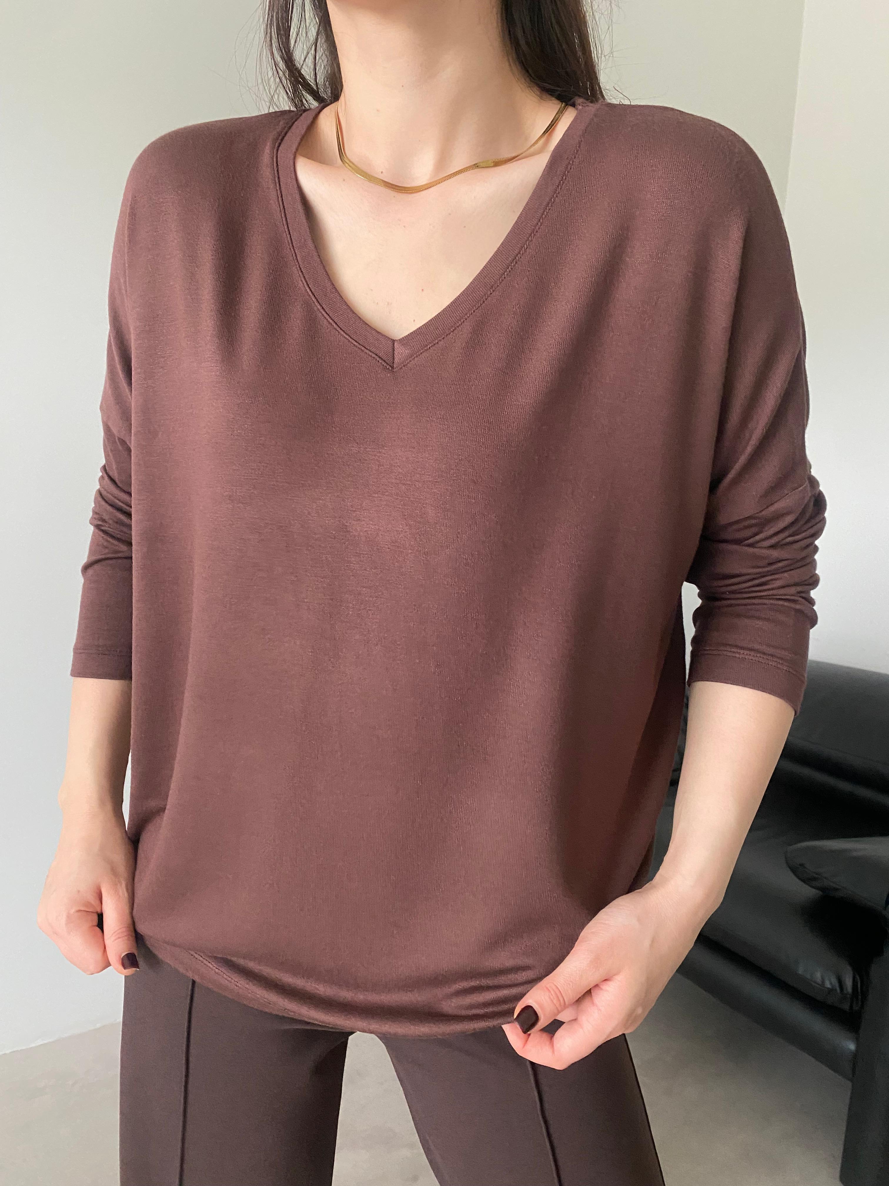 Kahve V Yaka Oversize Bluz