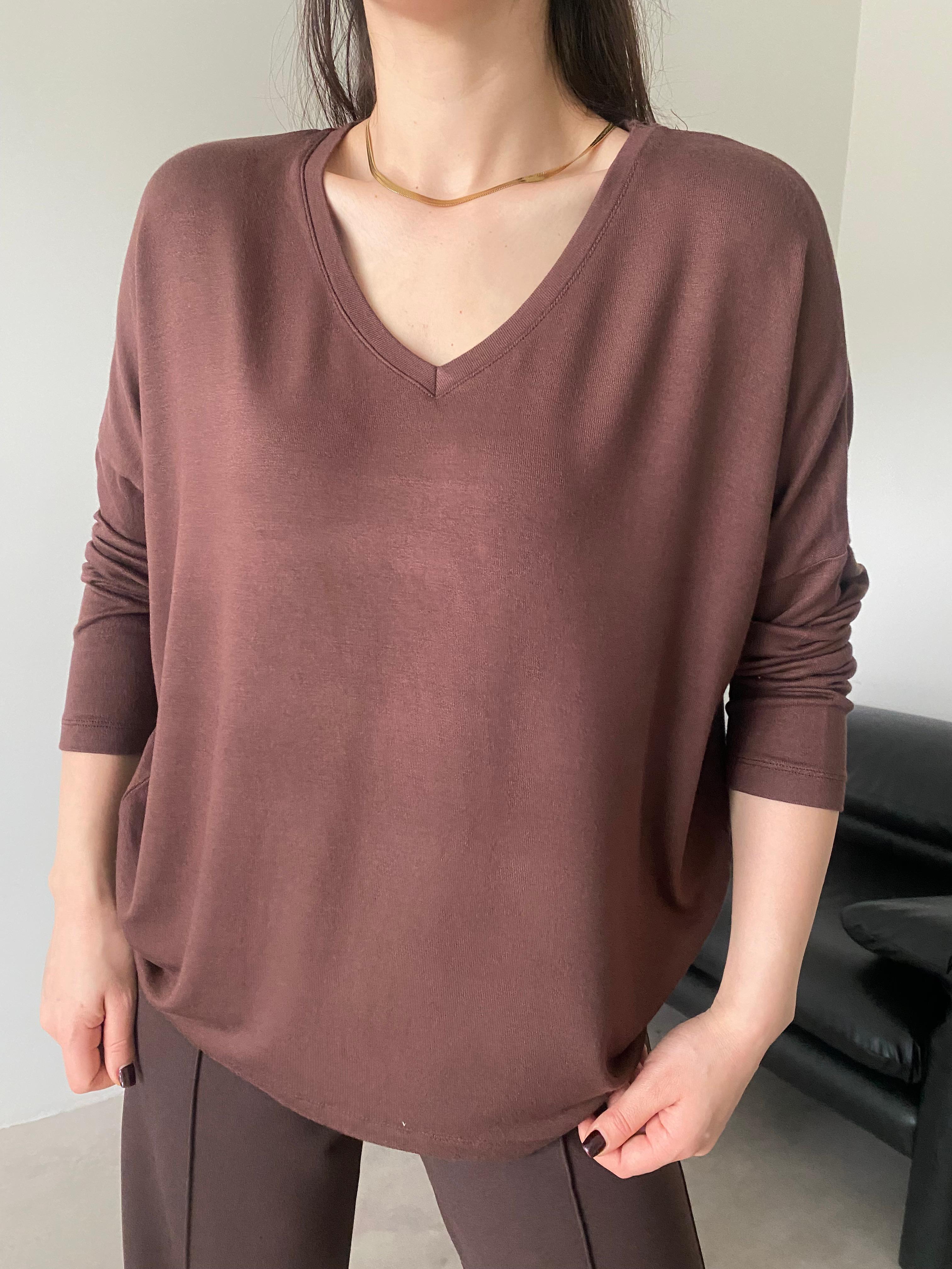 Kahve V Yaka Oversize Bluz