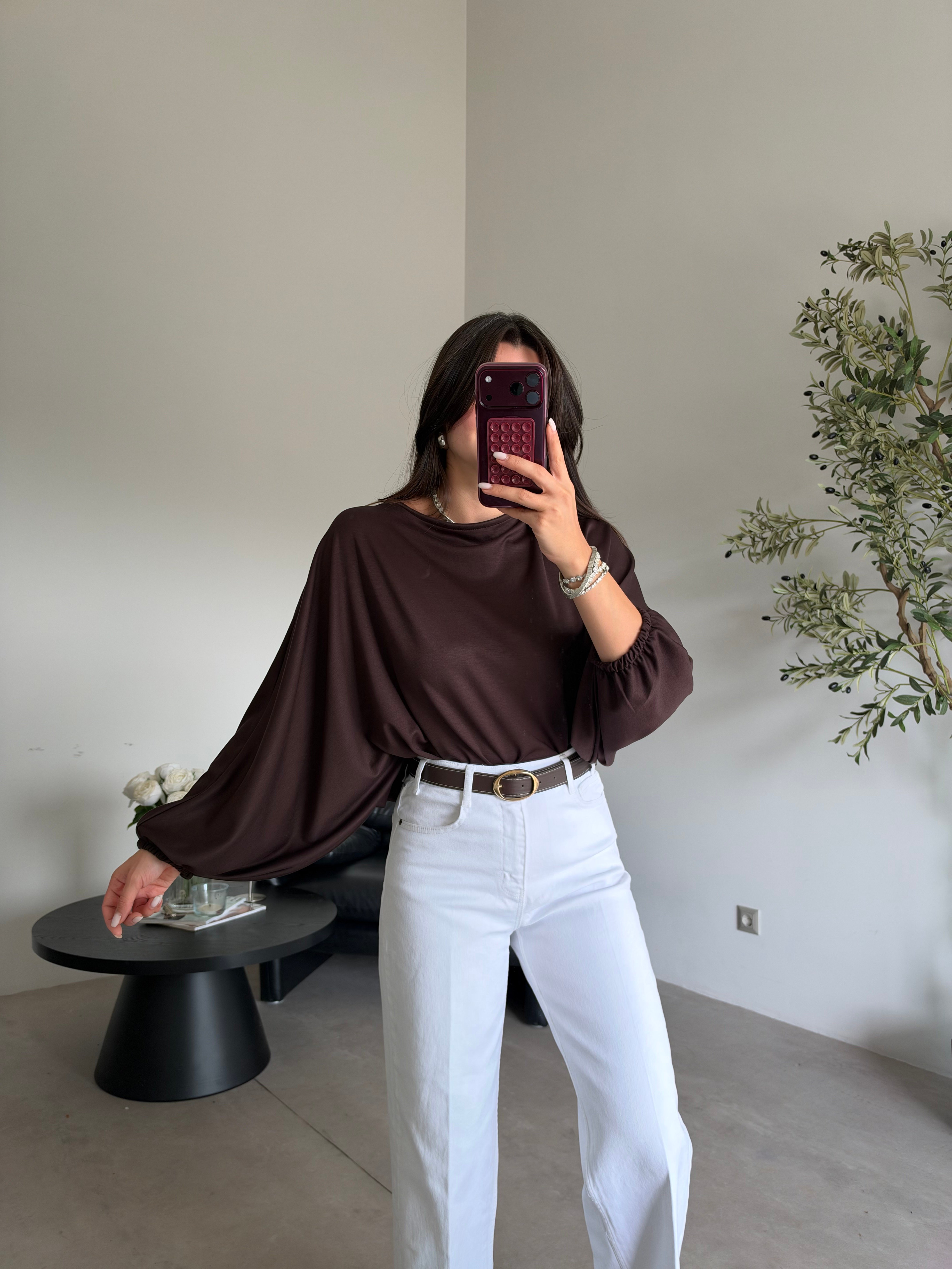 Kahve Yarasa Kol Bluz