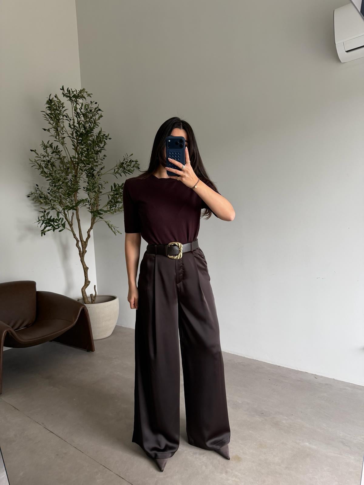 Kahve Yumuşacık Kısa Kol Triko Bluz