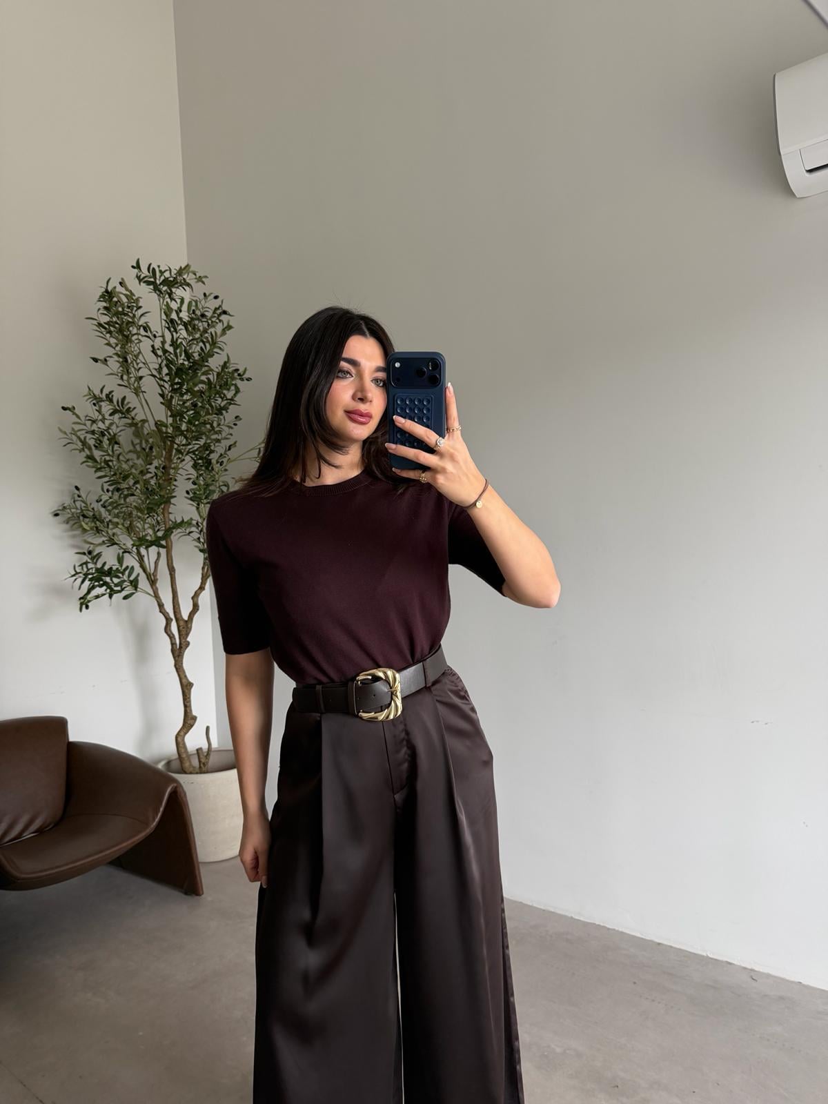 Kahve Yumuşacık Kısa Kol Triko Bluz