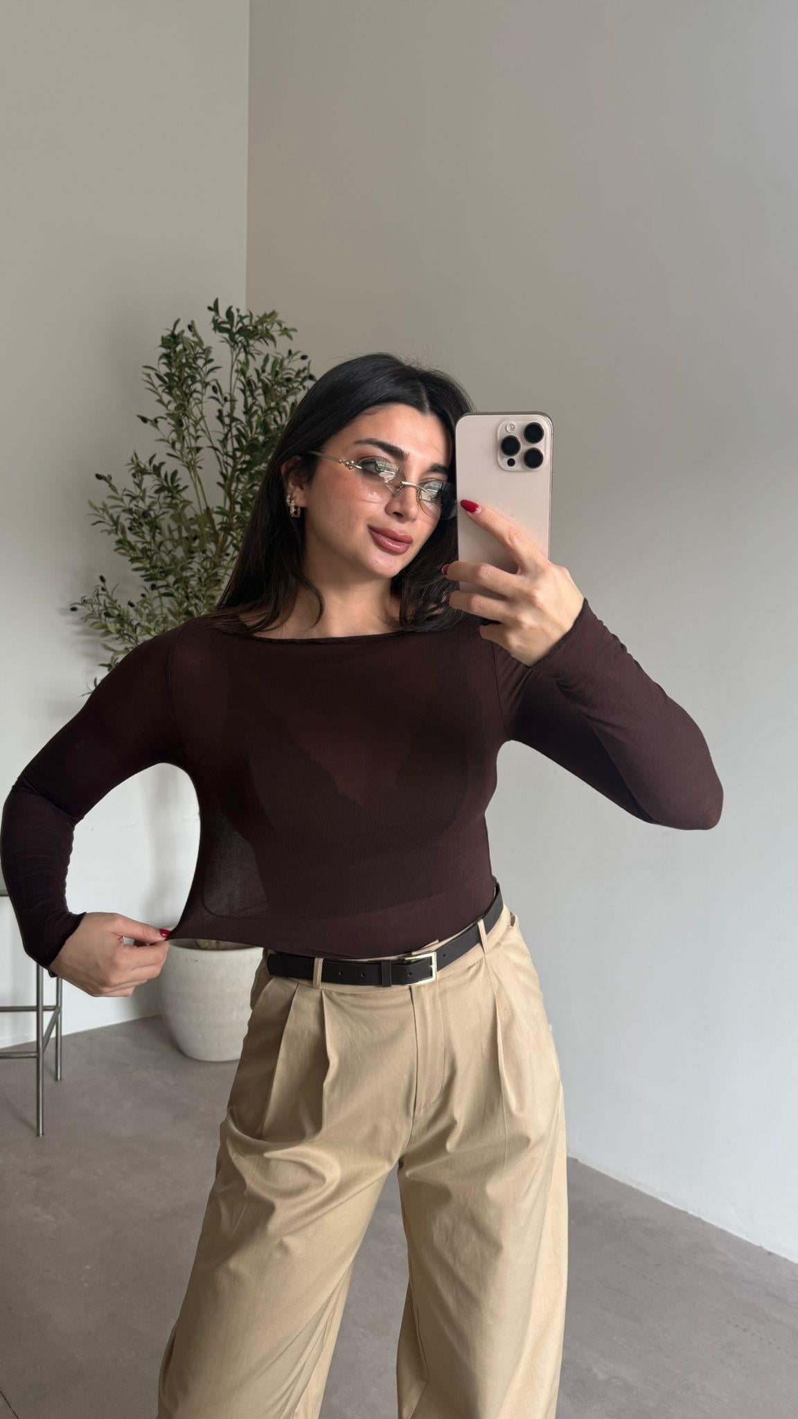 Kahve Yumuşacık Transparan Bluz
