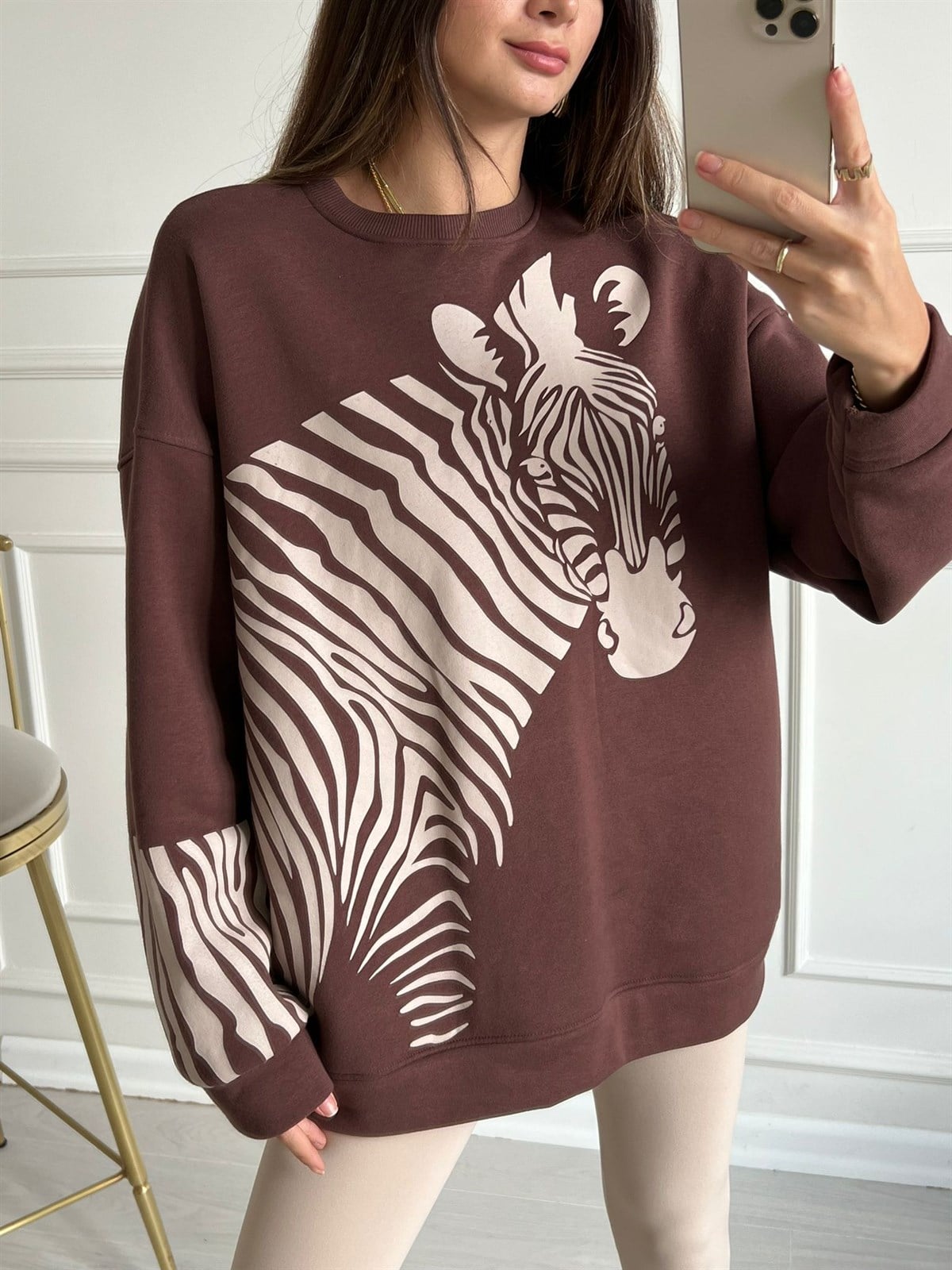 Kahve Zebra Baskılı Sweat