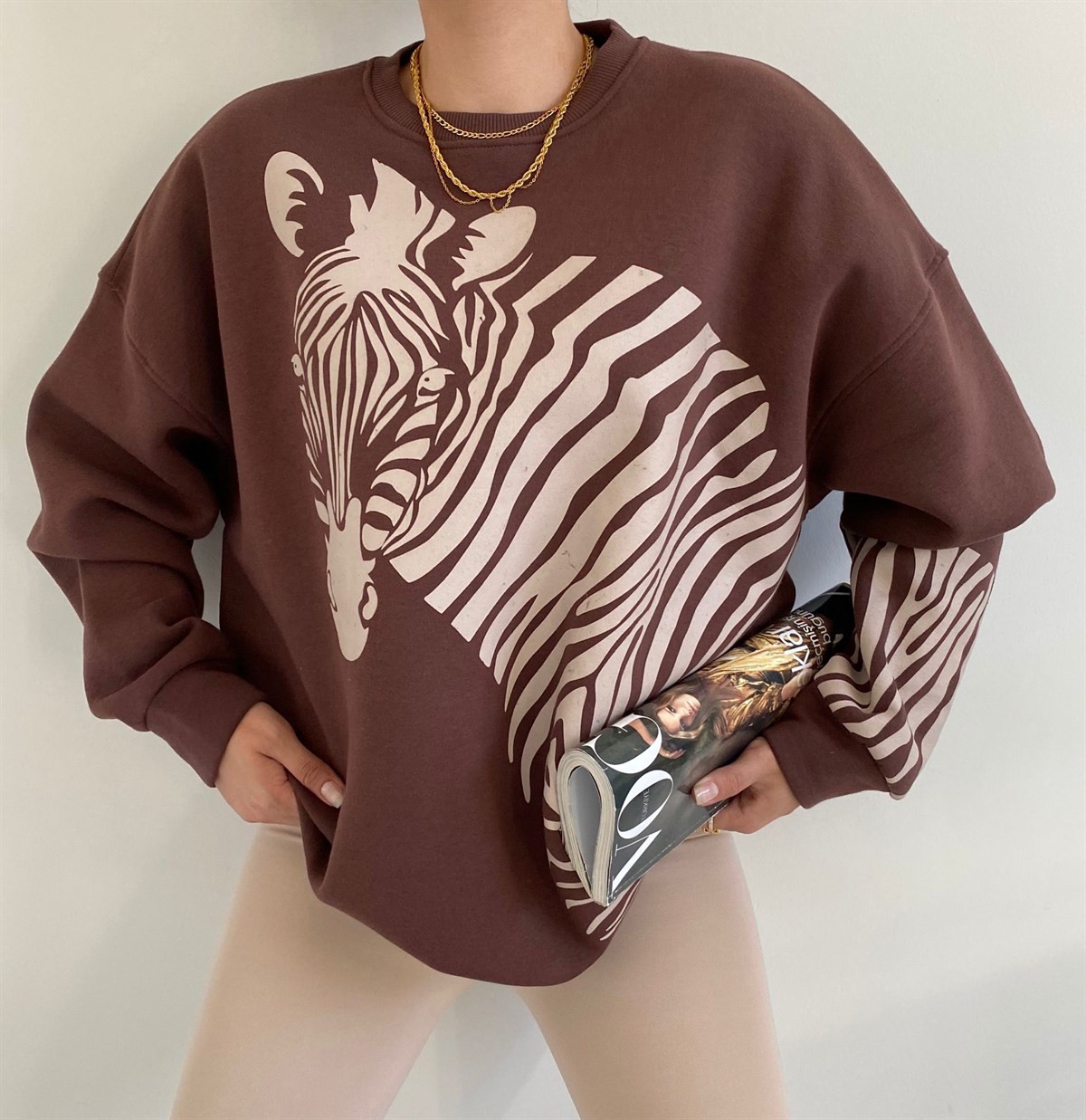 Kahve Zebra Baskılı Sweat