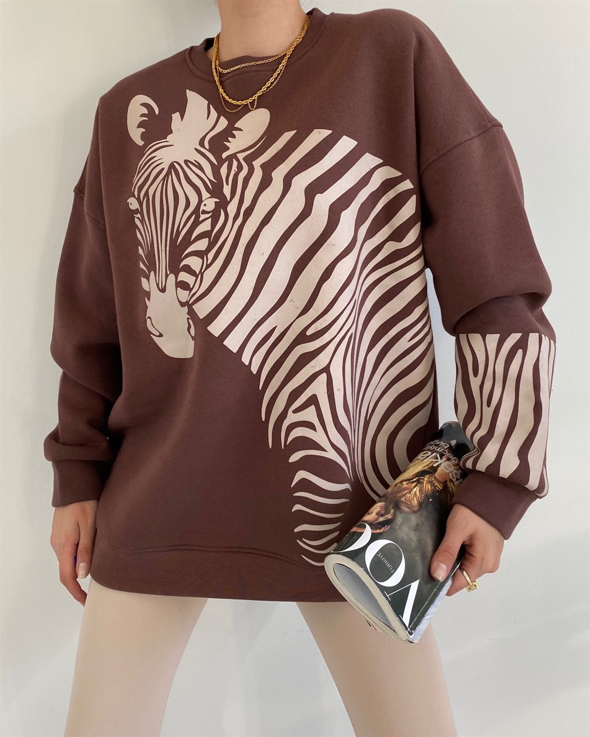 Kahve Zebra Baskılı Sweat