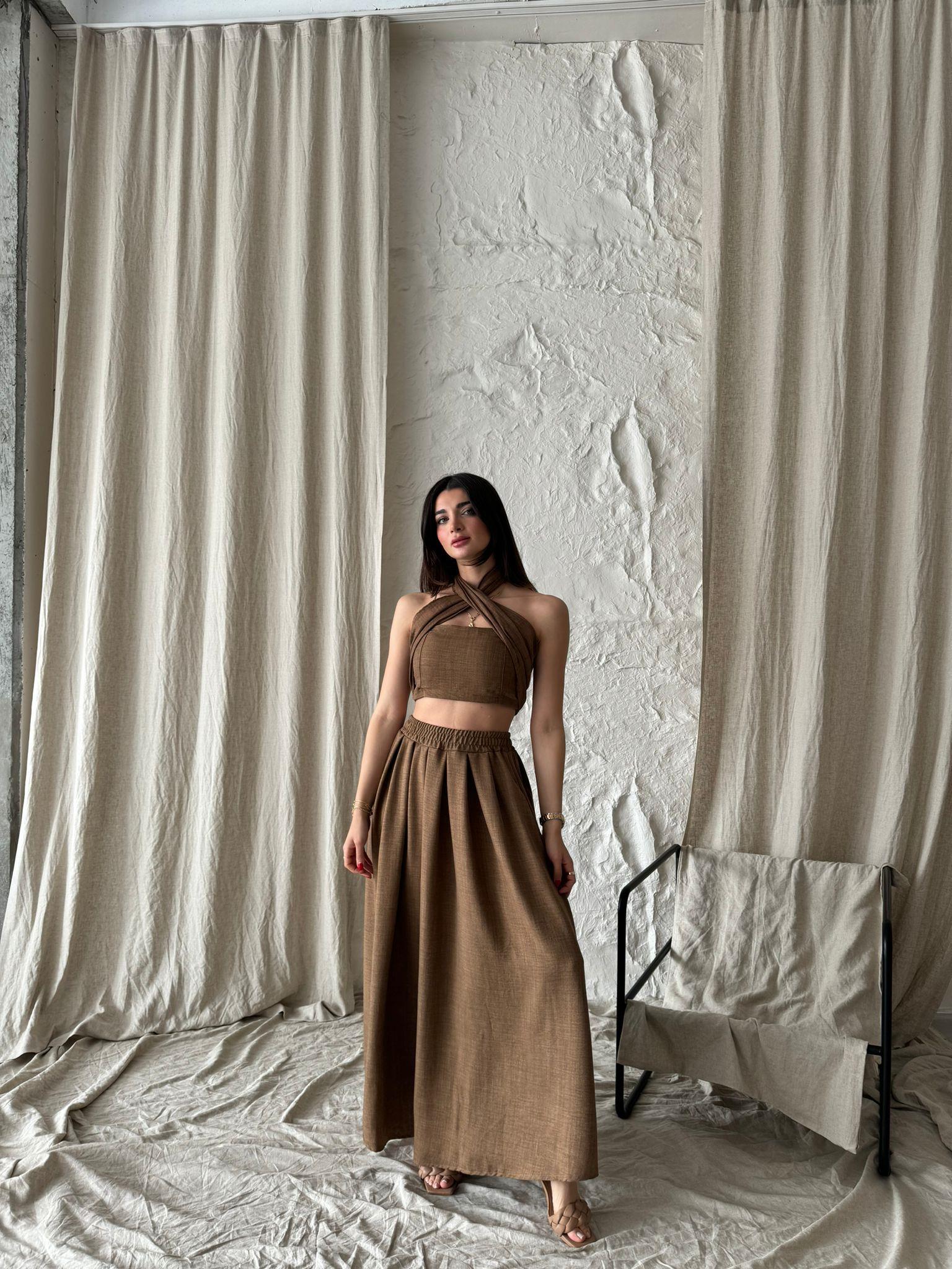 Kahverengi Etekli Crop Takım