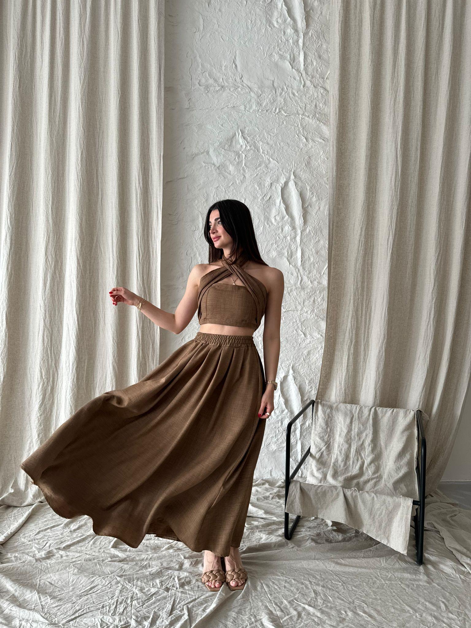Kahverengi Etekli Crop Takım