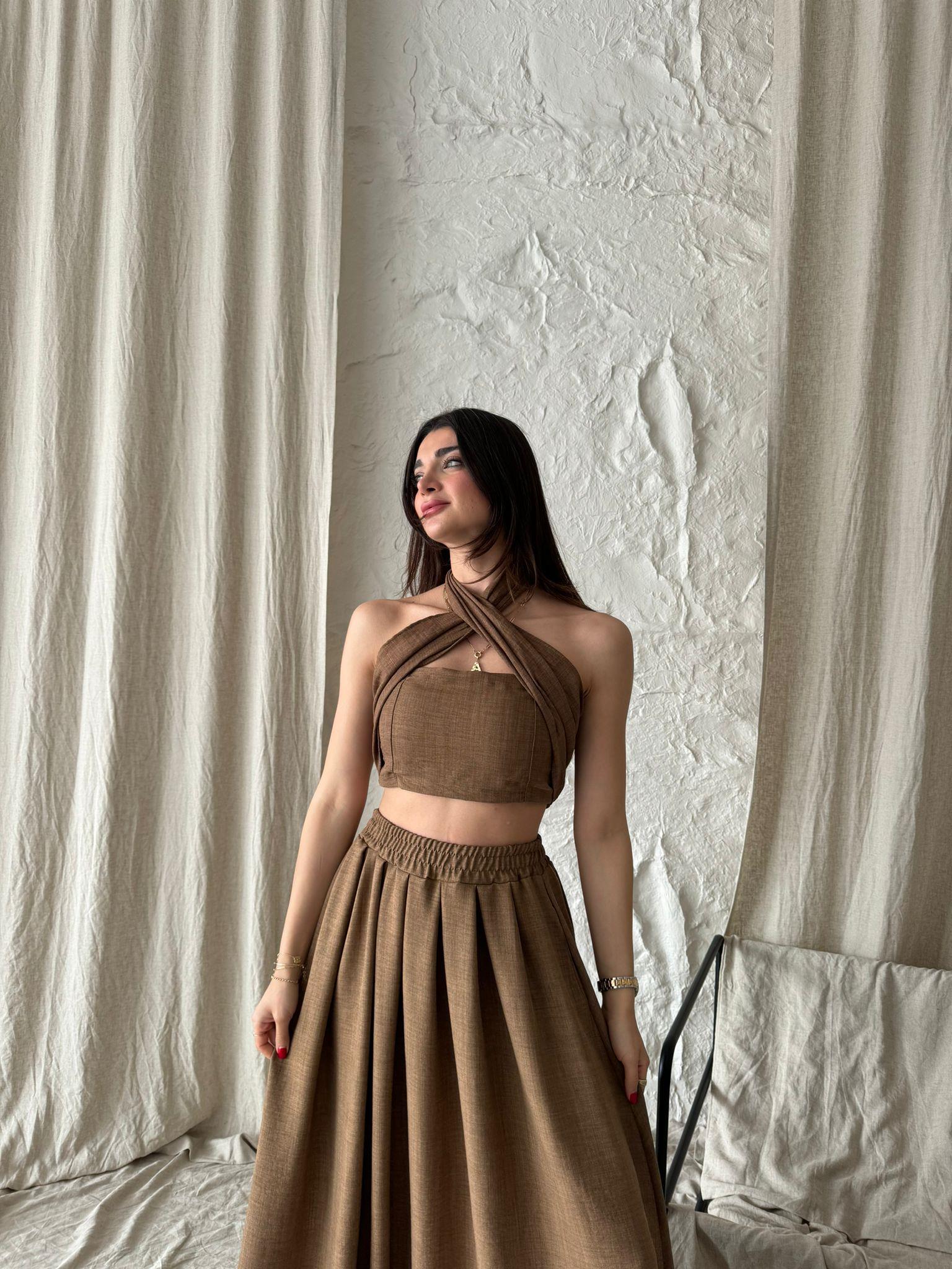 Kahverengi Etekli Crop Takım