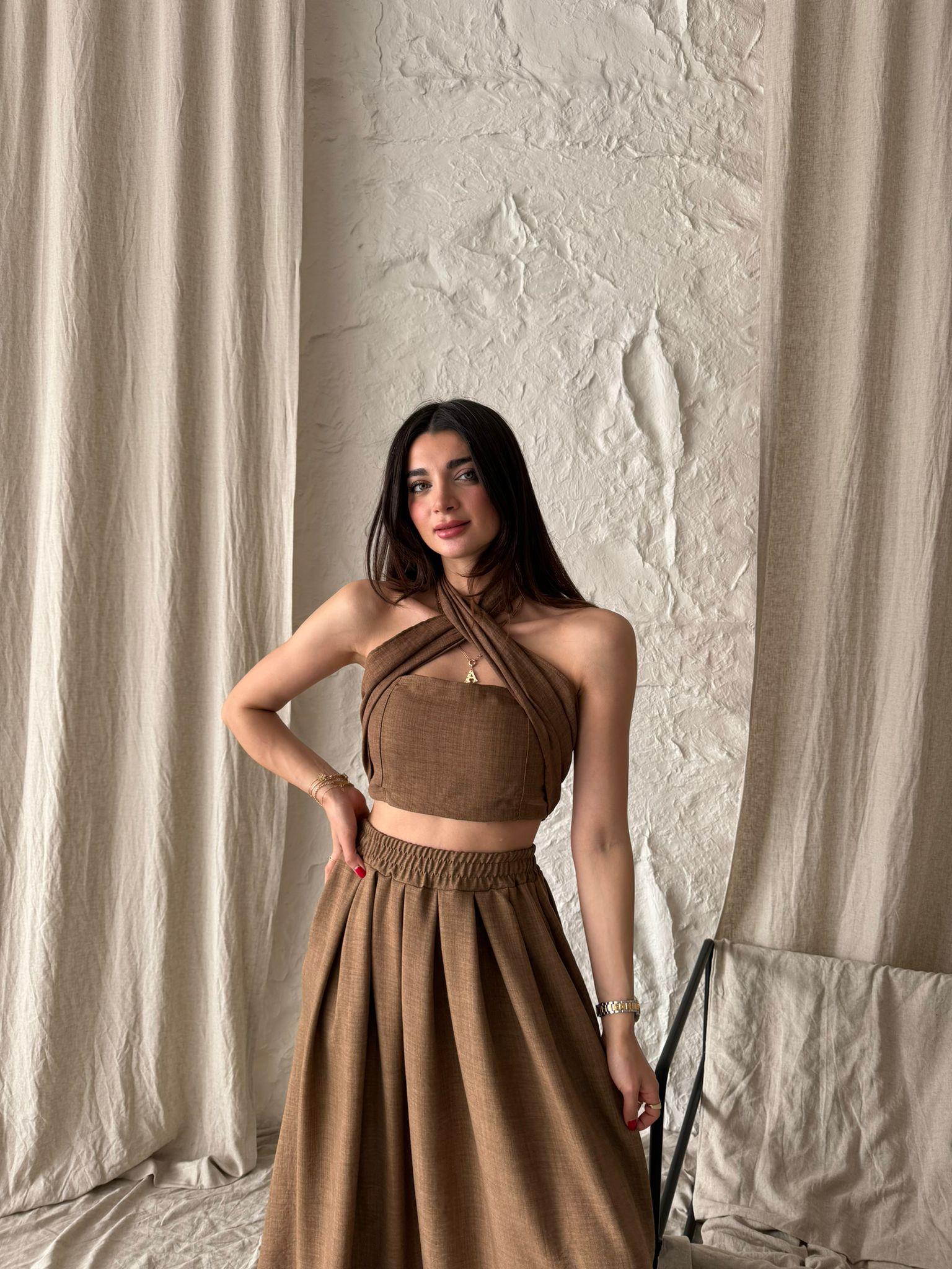 Kahverengi Etekli Crop Takım