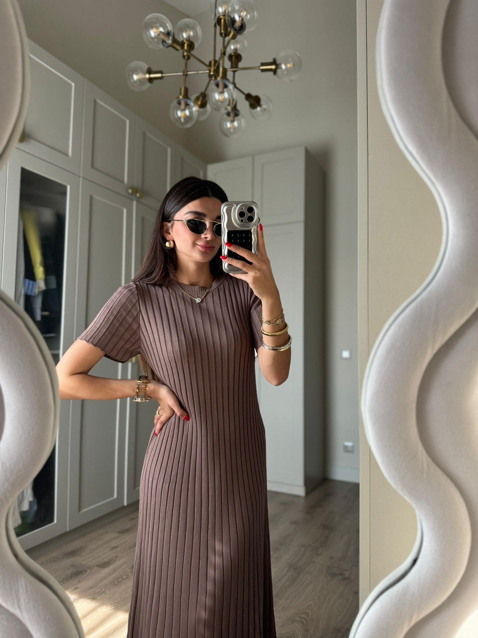 Kahverengi Fitilli Kısa Kol Elbise