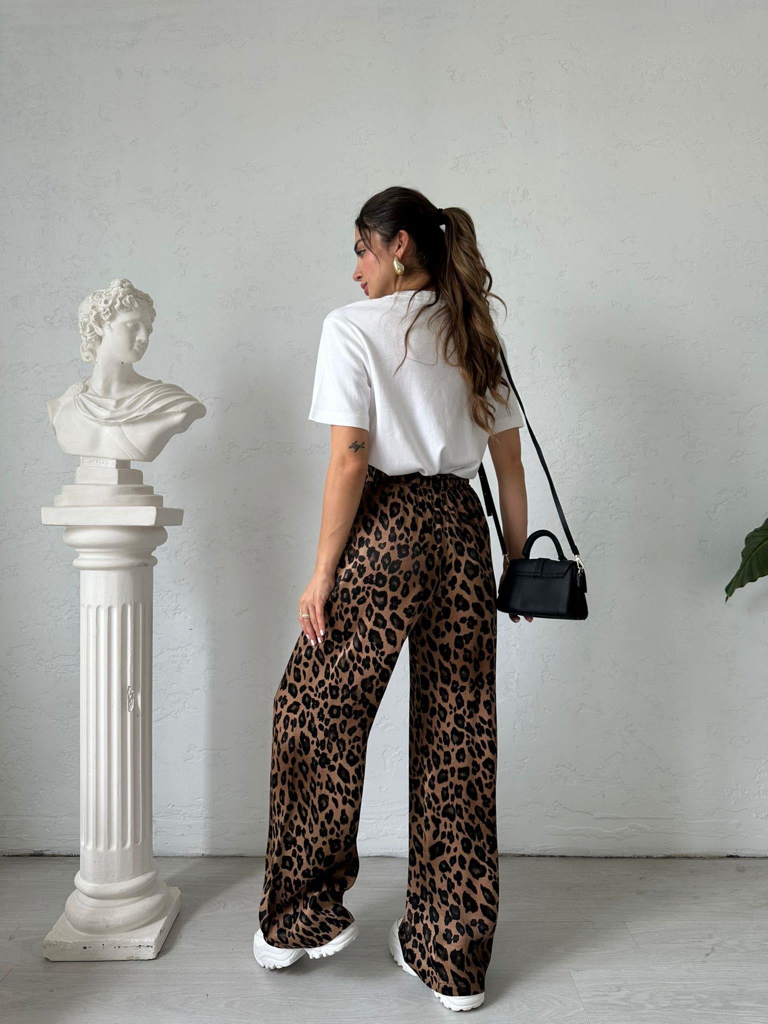 Kahverengi Leopar Saten Pantolon