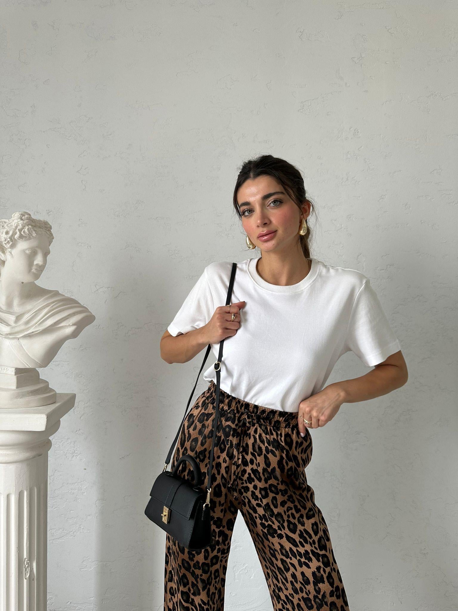 Kahverengi Leopar Saten Pantolon