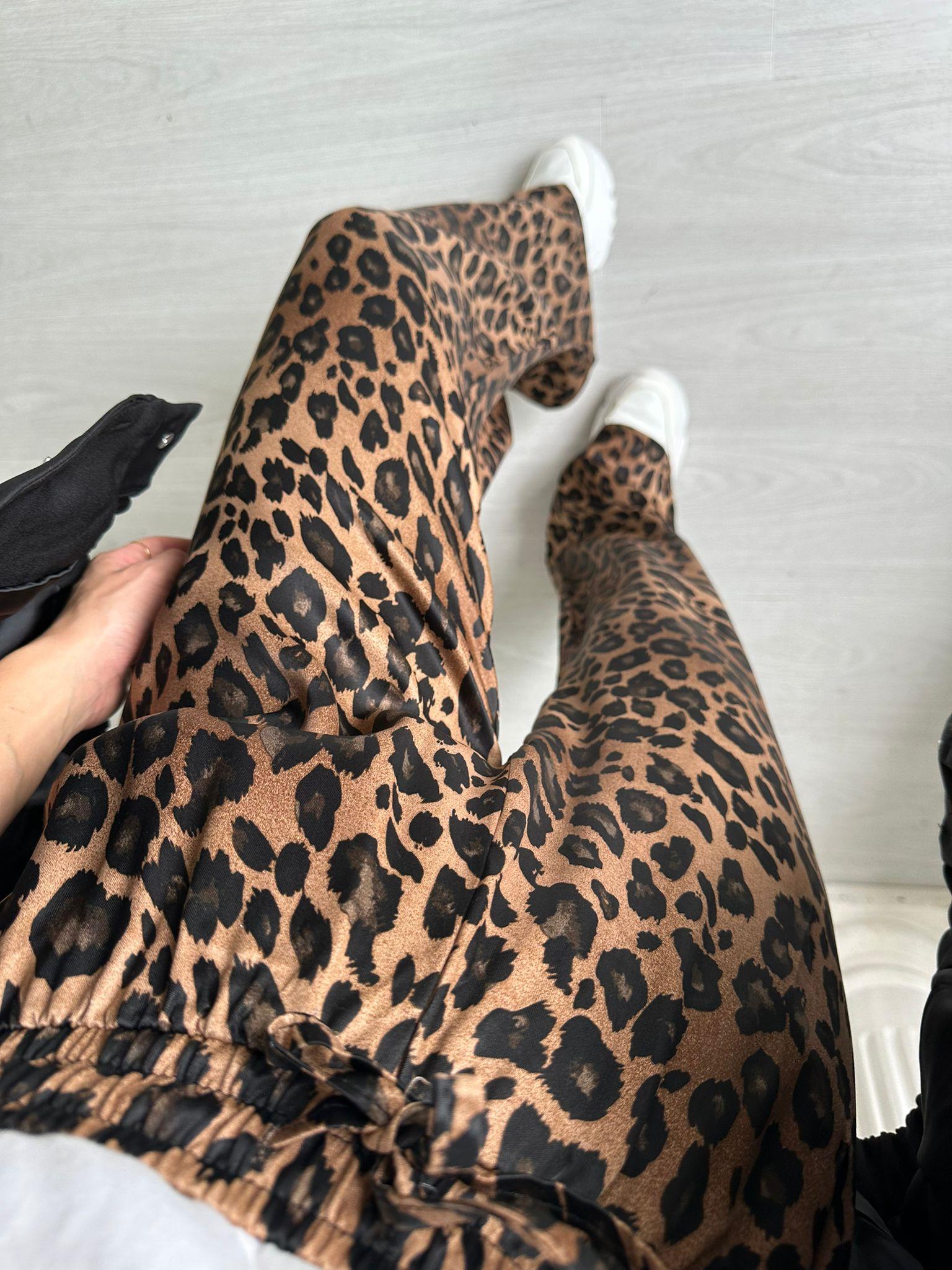 Kahverengi Leopar Saten Pantolon