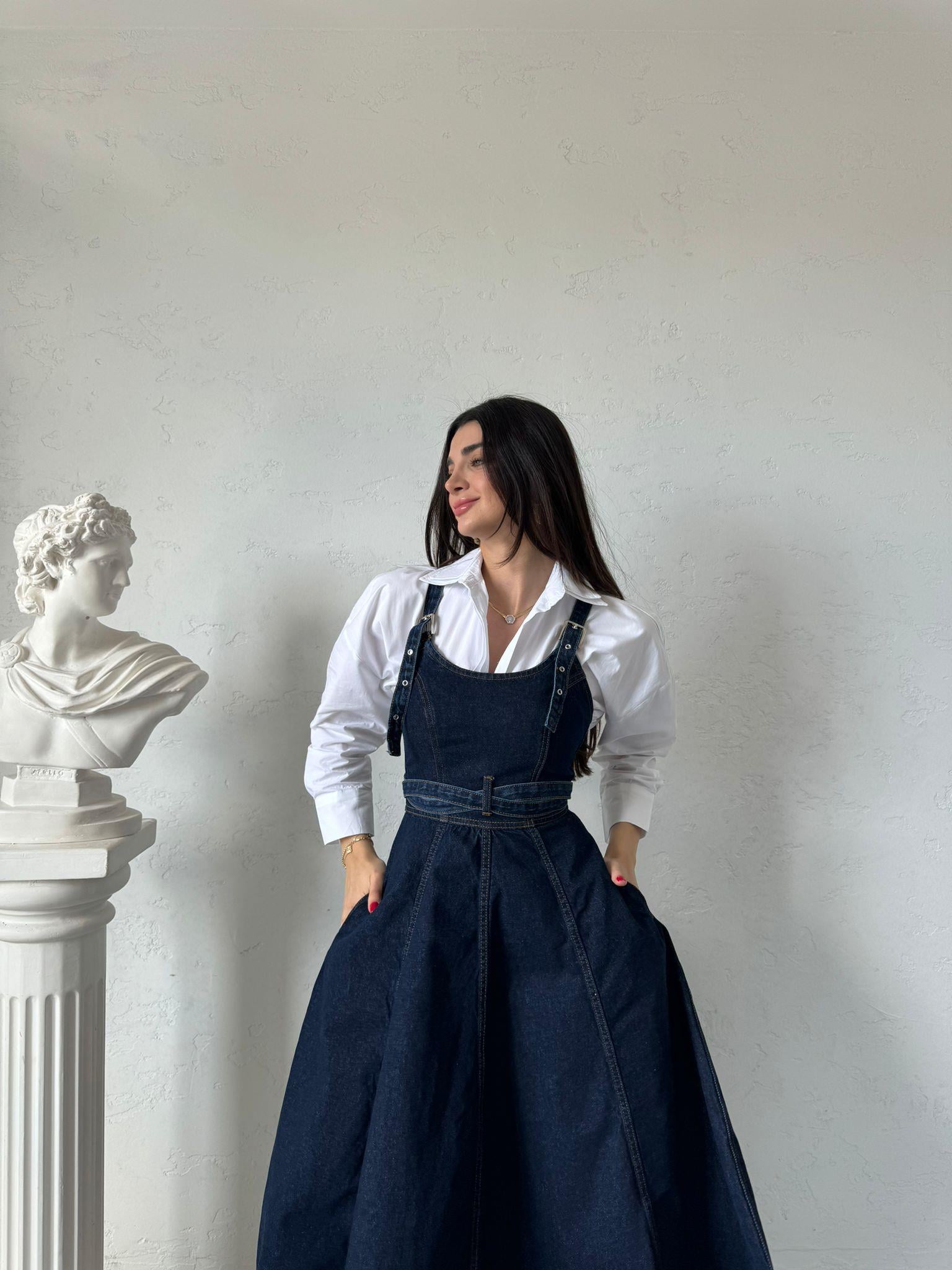 Kemer Detaylı Askılı Denim Elbise