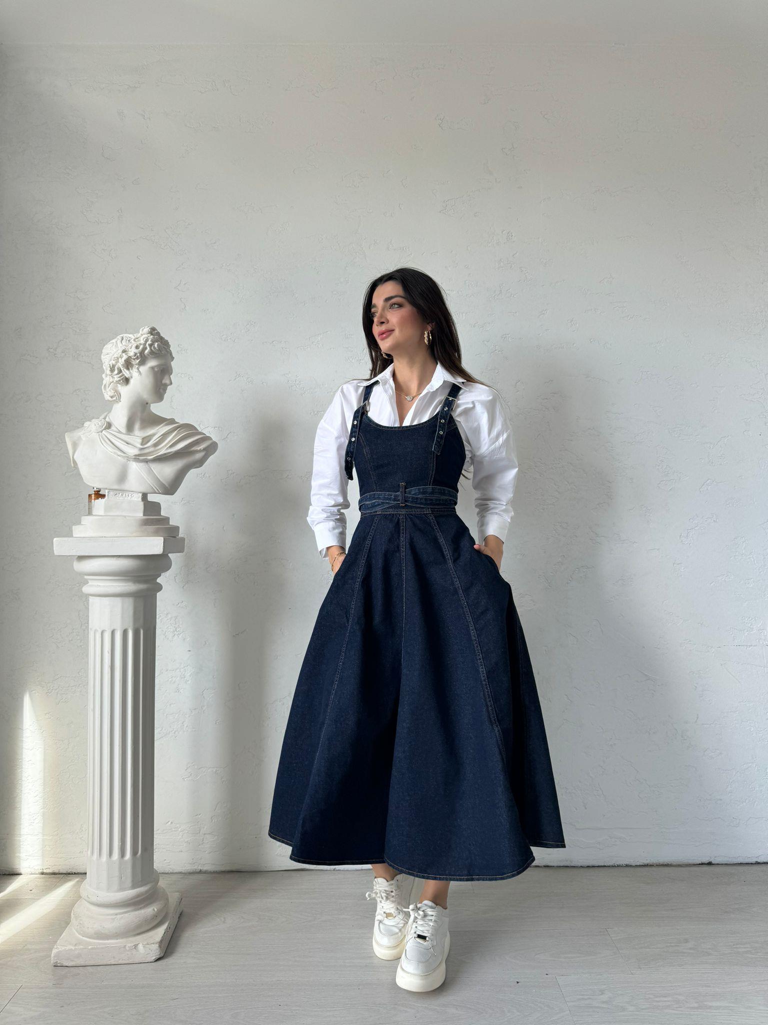 Kemer Detaylı Askılı Denim Elbise