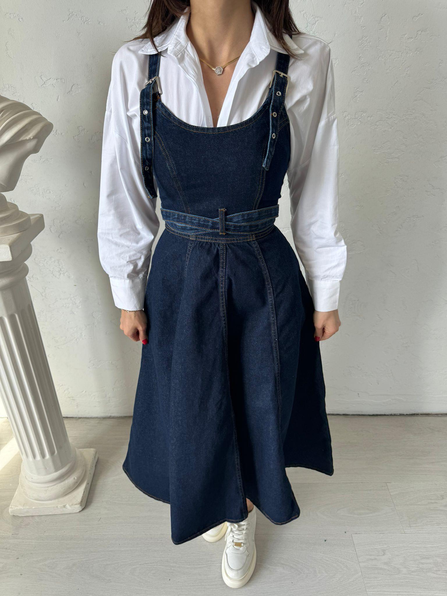 Kemer Detaylı Askılı Denim Elbise