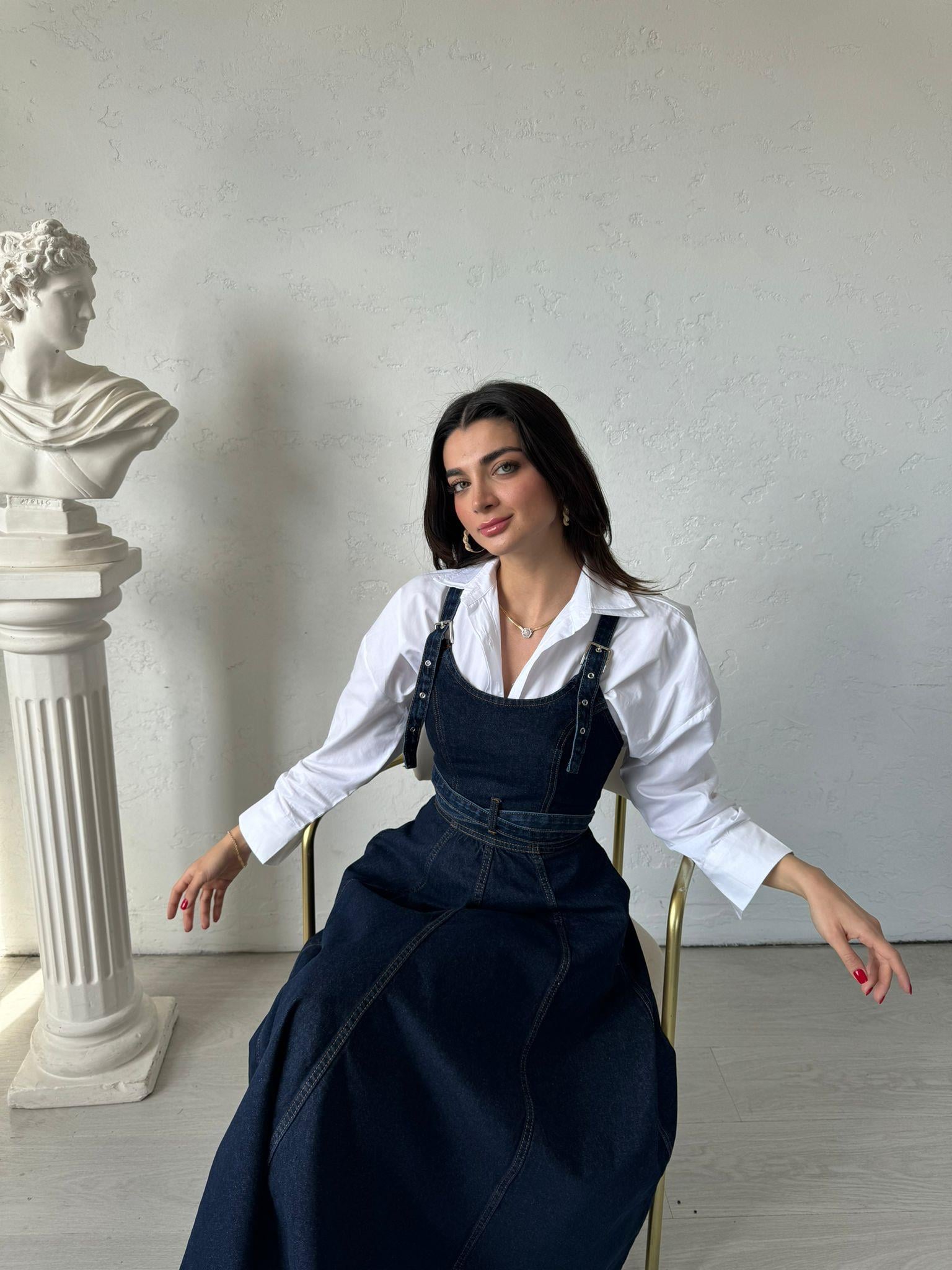 Kemer Detaylı Askılı Denim Elbise