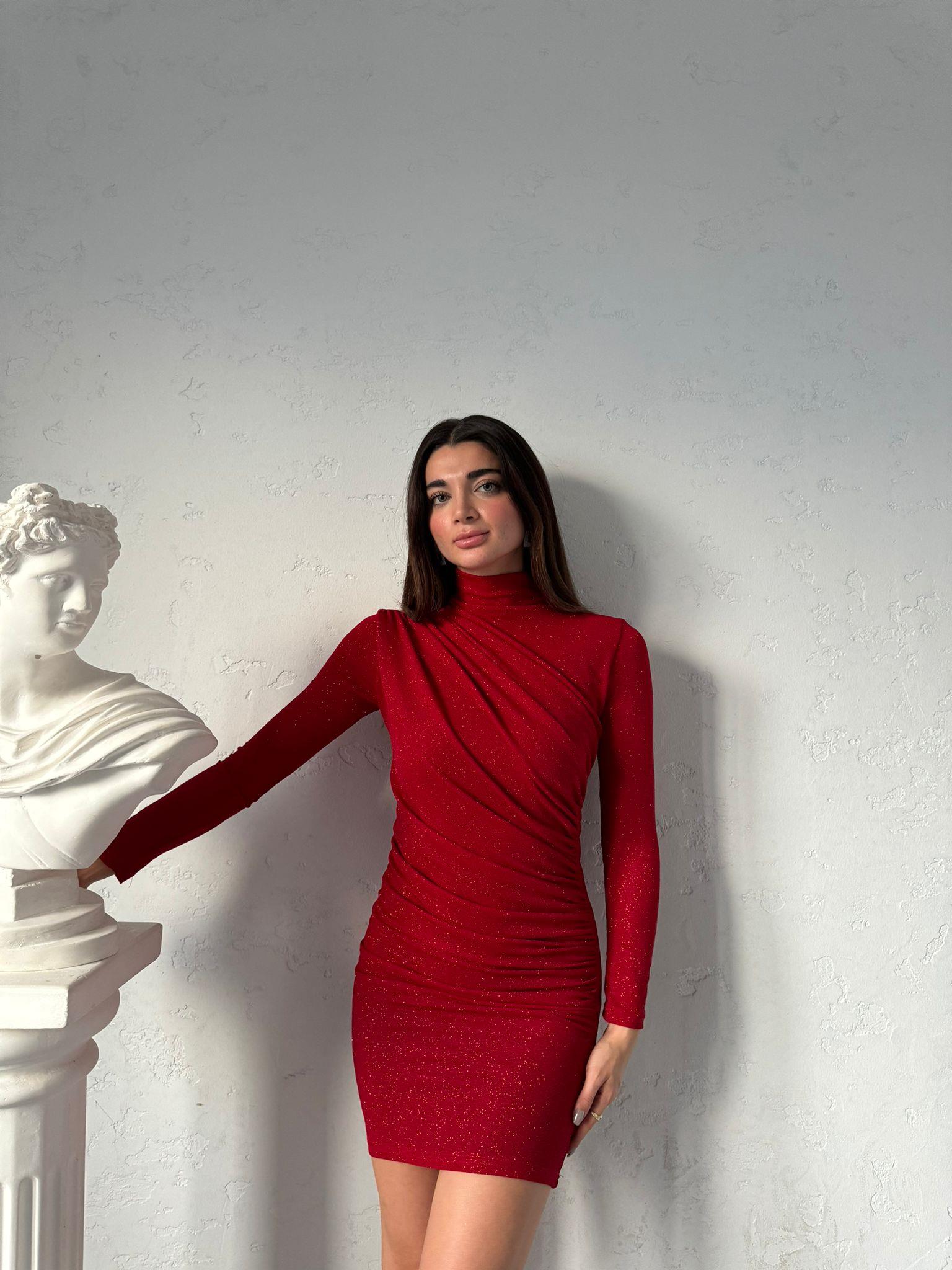 Kırmızı Balıkçı Yaka Drapeli Elbise