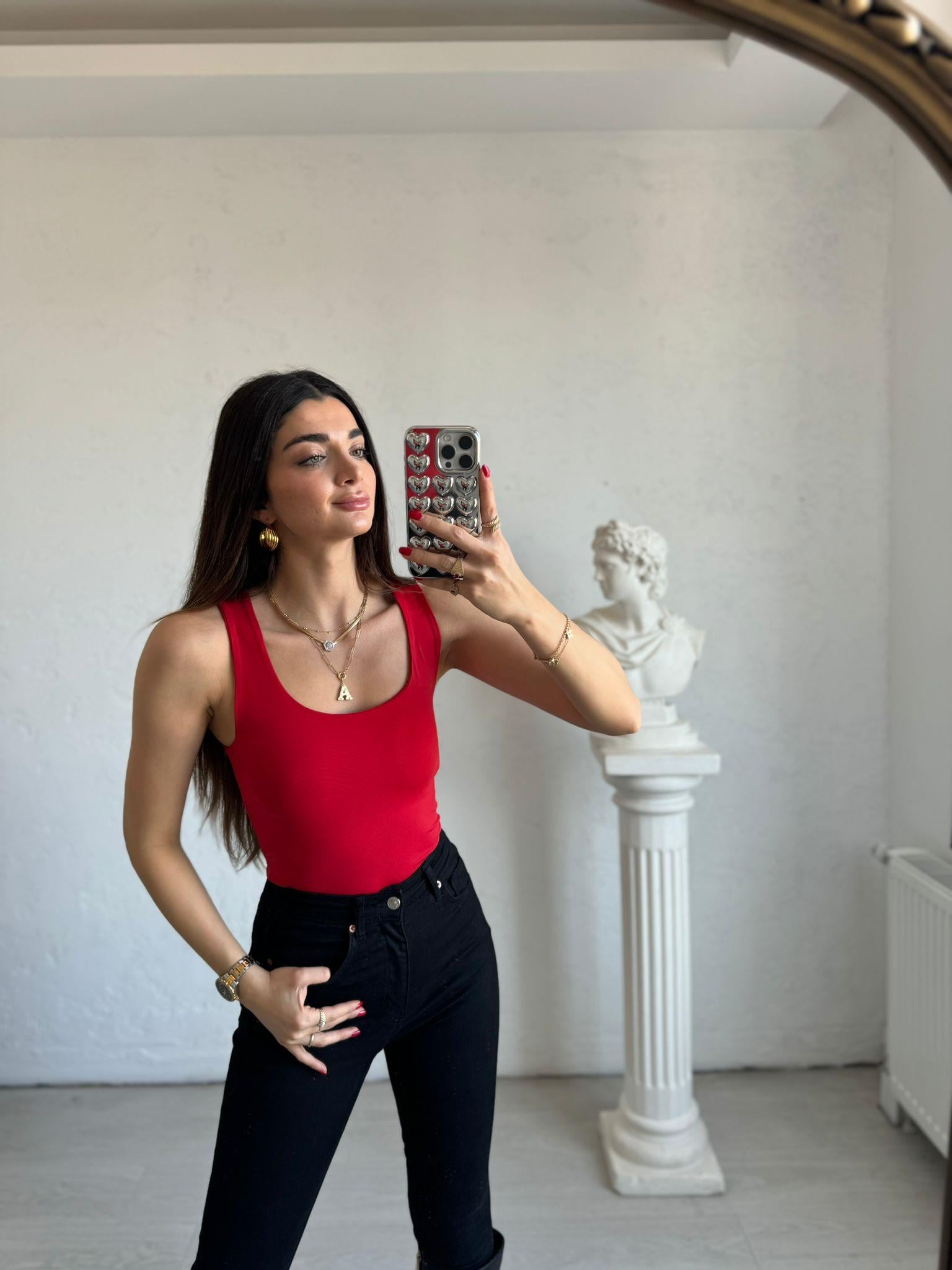 Kırmızı Basic Kolsuz Bluz