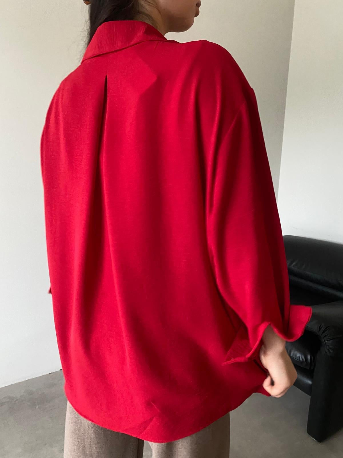 Kırmızı Cepli Oversize Gömlek