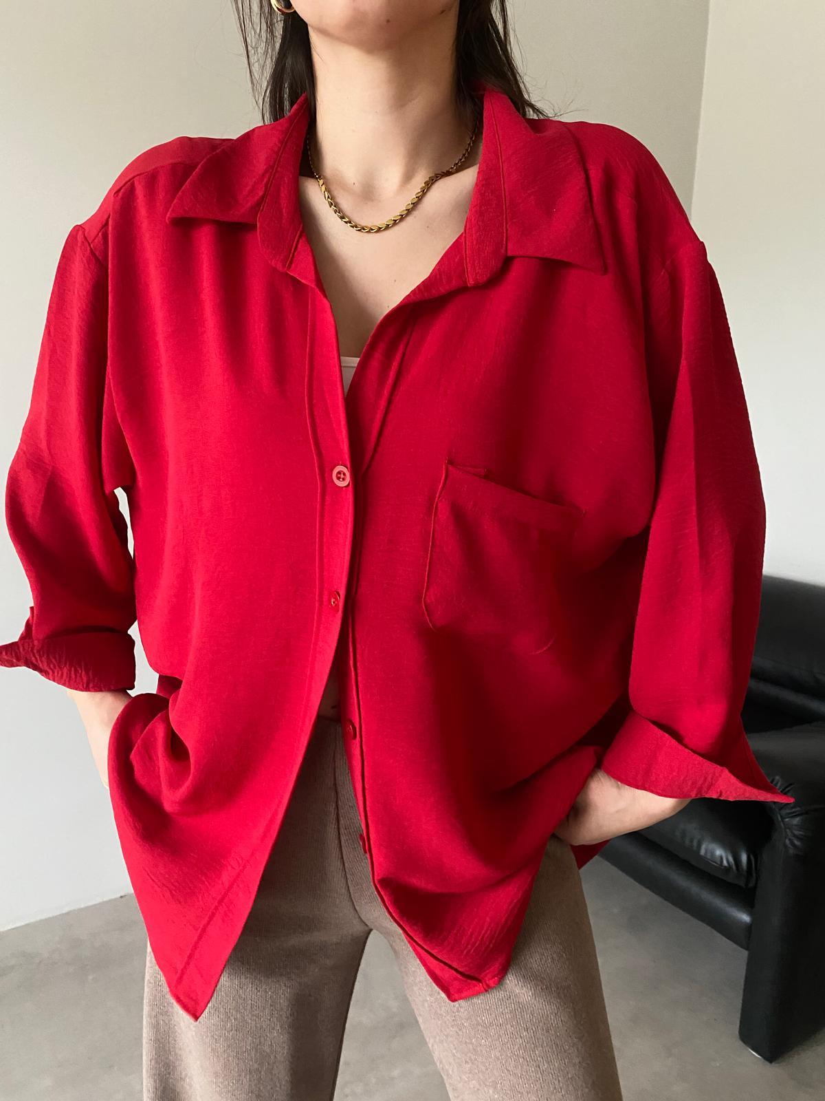 Kırmızı Cepli Oversize Gömlek