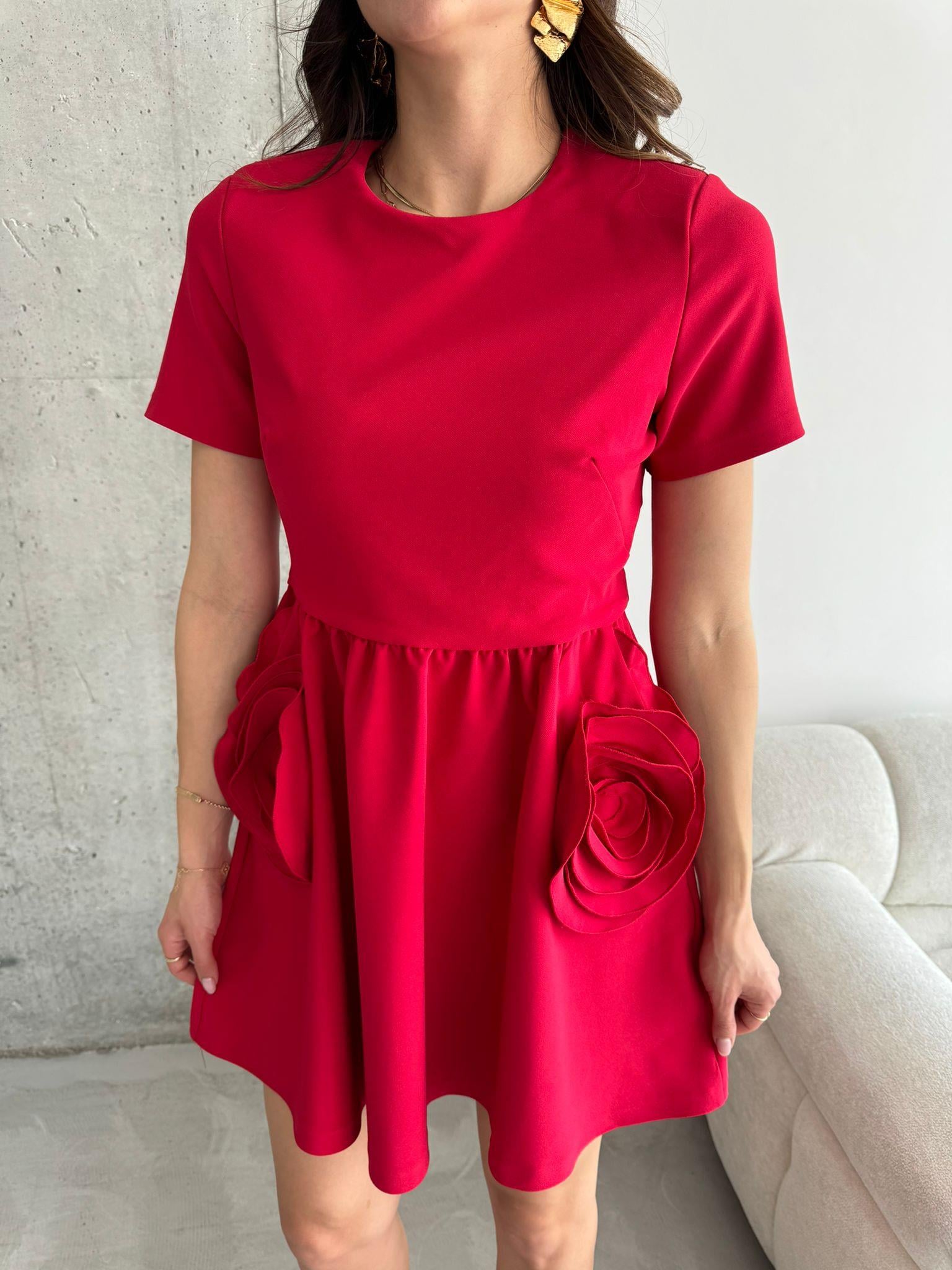 Kırmızı Cepli Rose Elbise