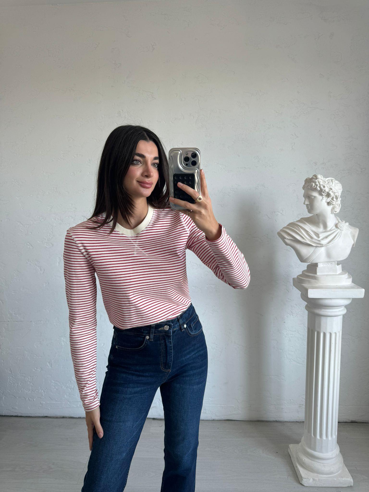 Kırmızı Çizgili Basic Sweat