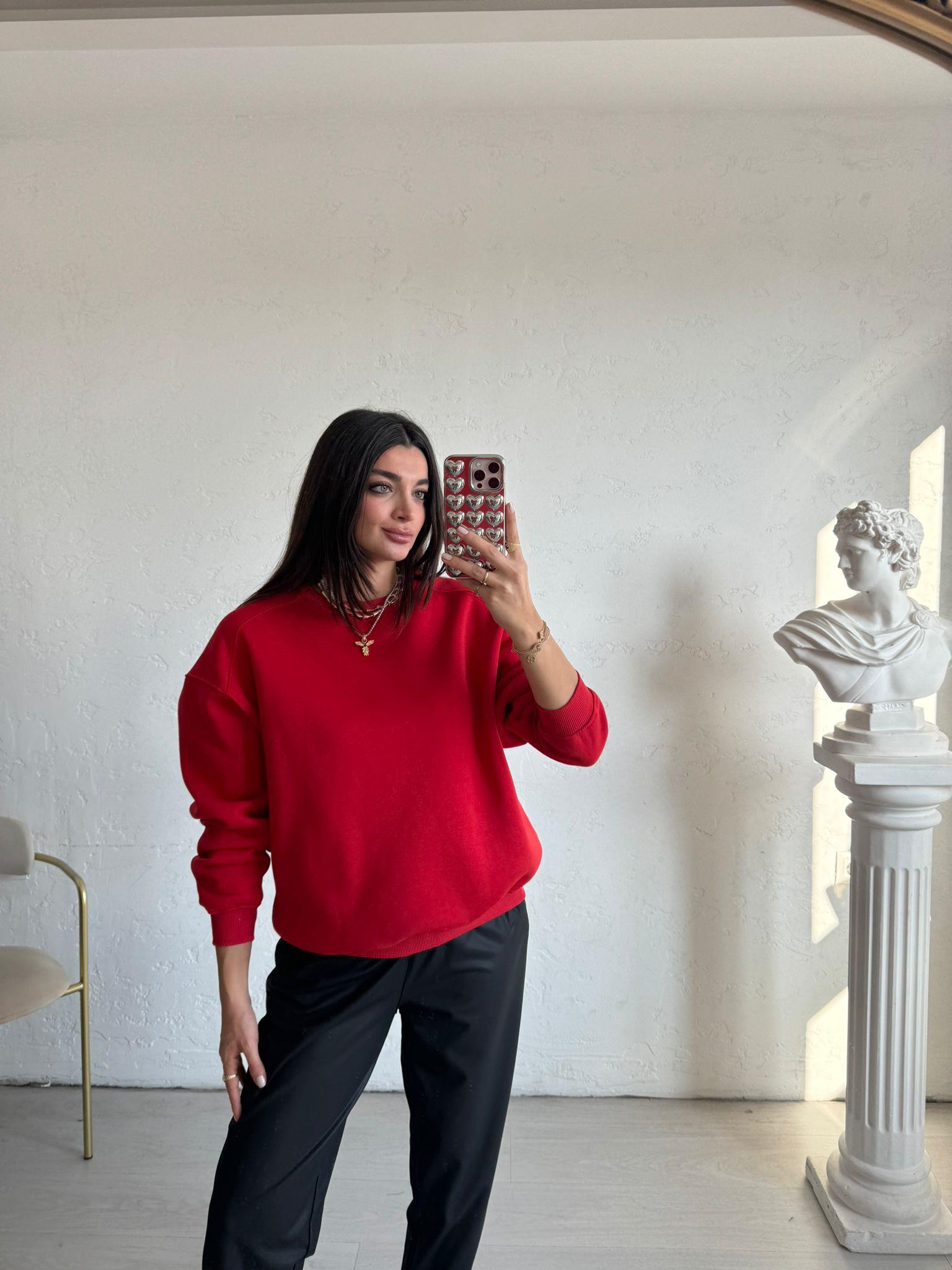 Kırmızı Dikiş Detaylı Sweat