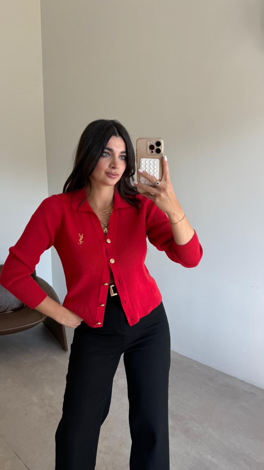 Kırmızı Gold Düğmeli Fitilli Hırka