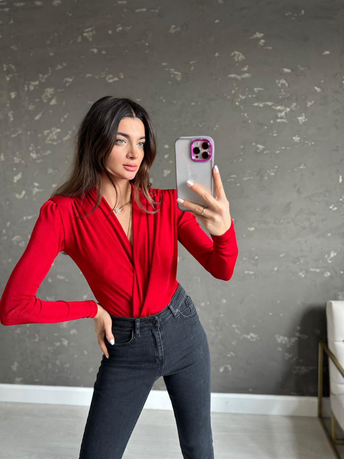 Kırmızı Kruvaze Yaka Bodysuit