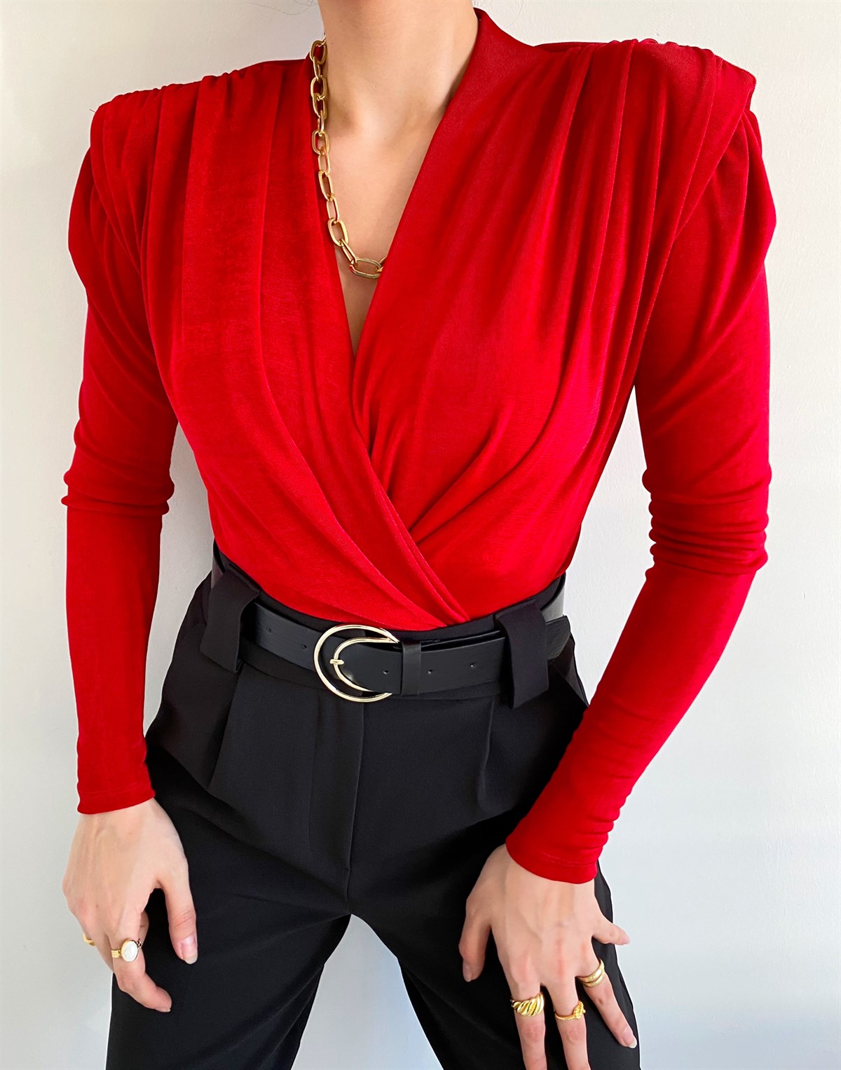 Kırmızı Kruvaze Yaka Bodysuit