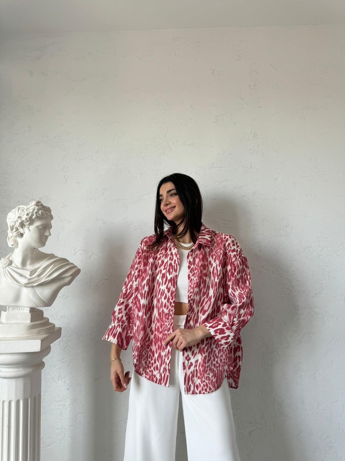 Kırmızı Leopar Desenli Oversize Gömlek