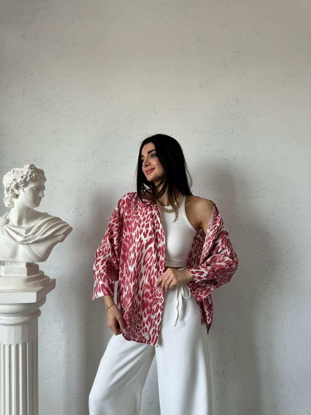 Kırmızı Leopar Desenli Oversize Gömlek