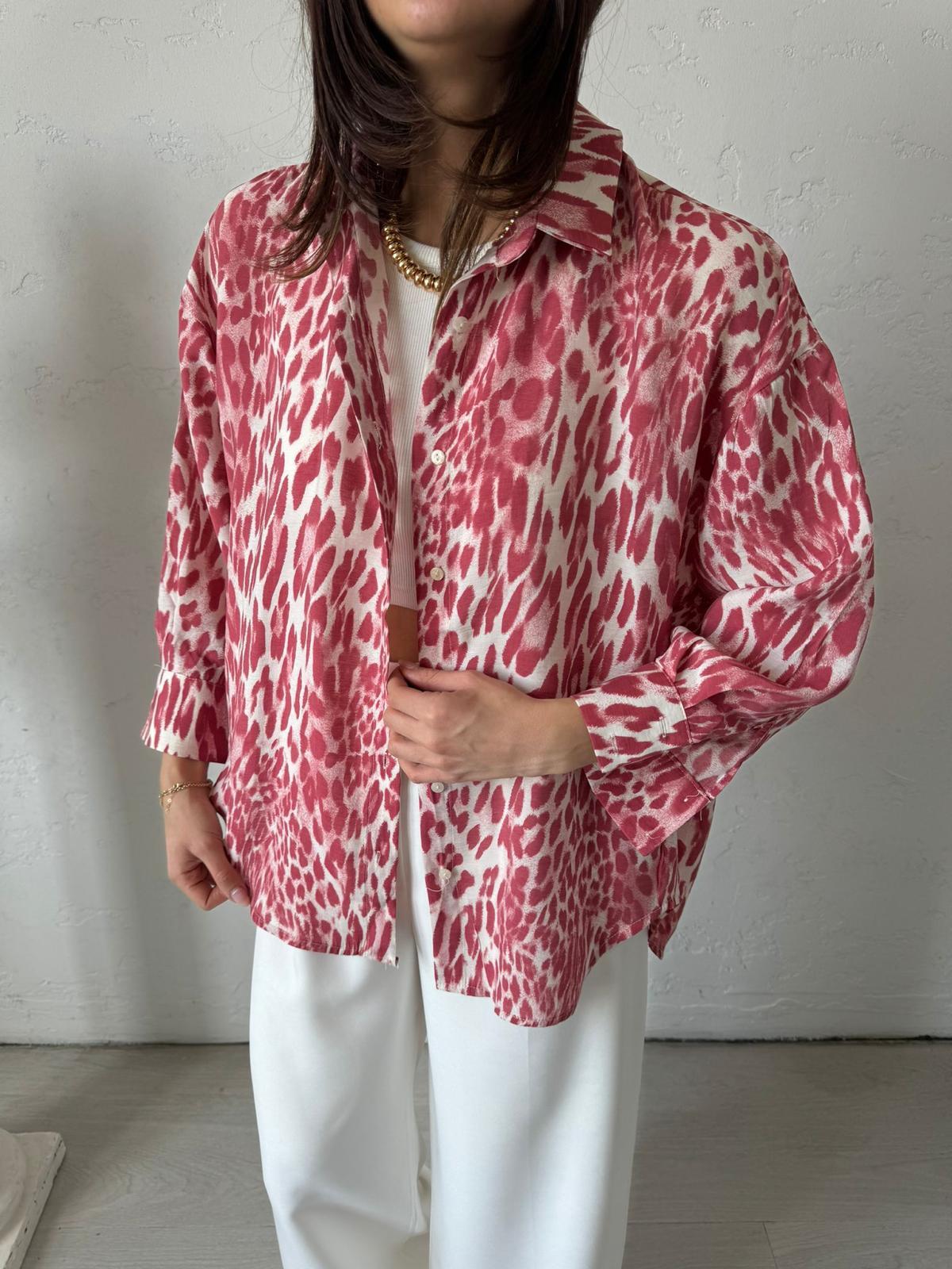 Kırmızı Leopar Desenli Oversize Gömlek