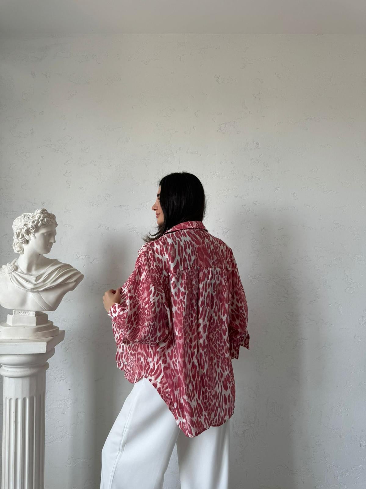Kırmızı Leopar Desenli Oversize Gömlek