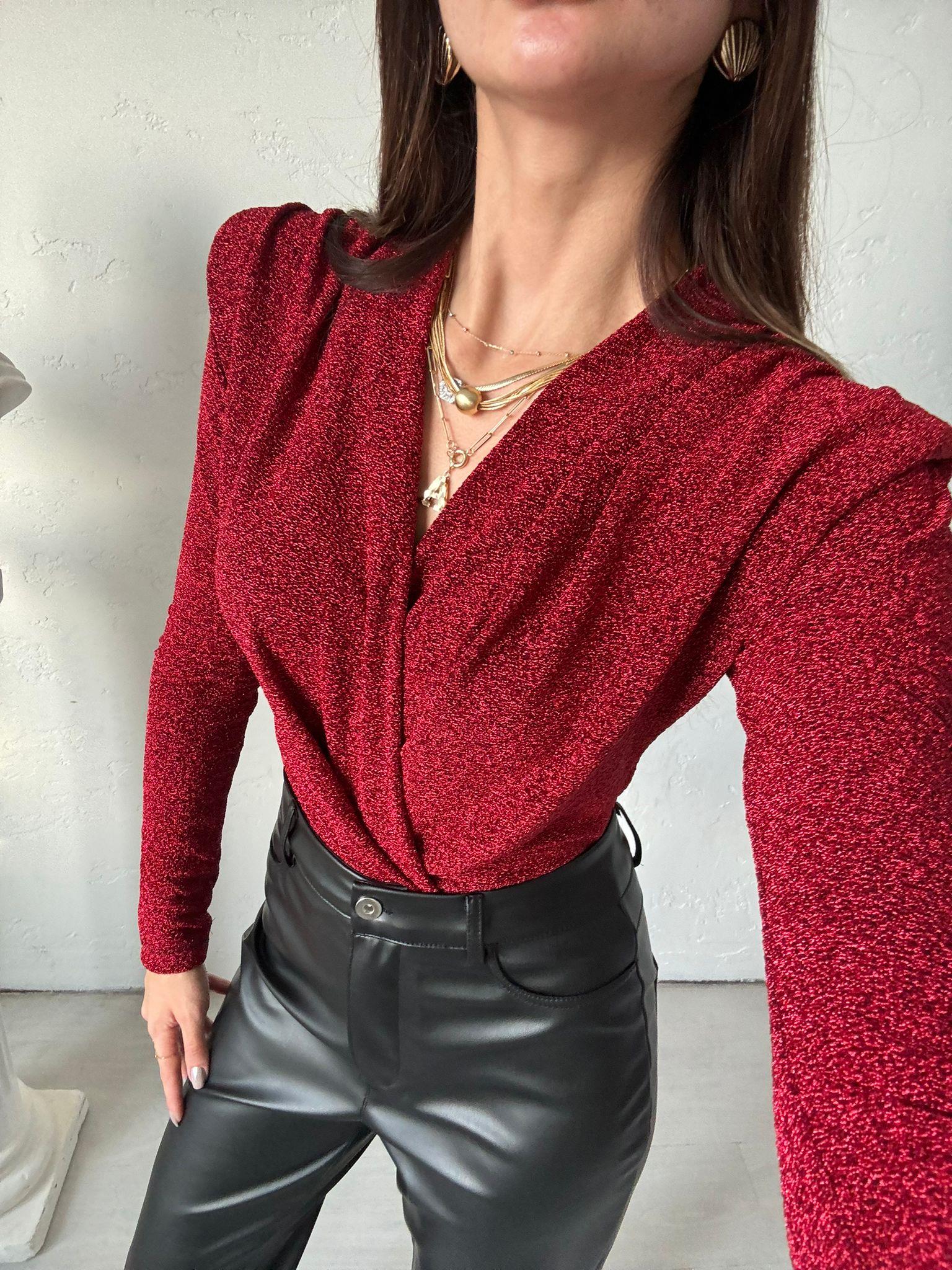 Kırmızı Simli Bodysuit