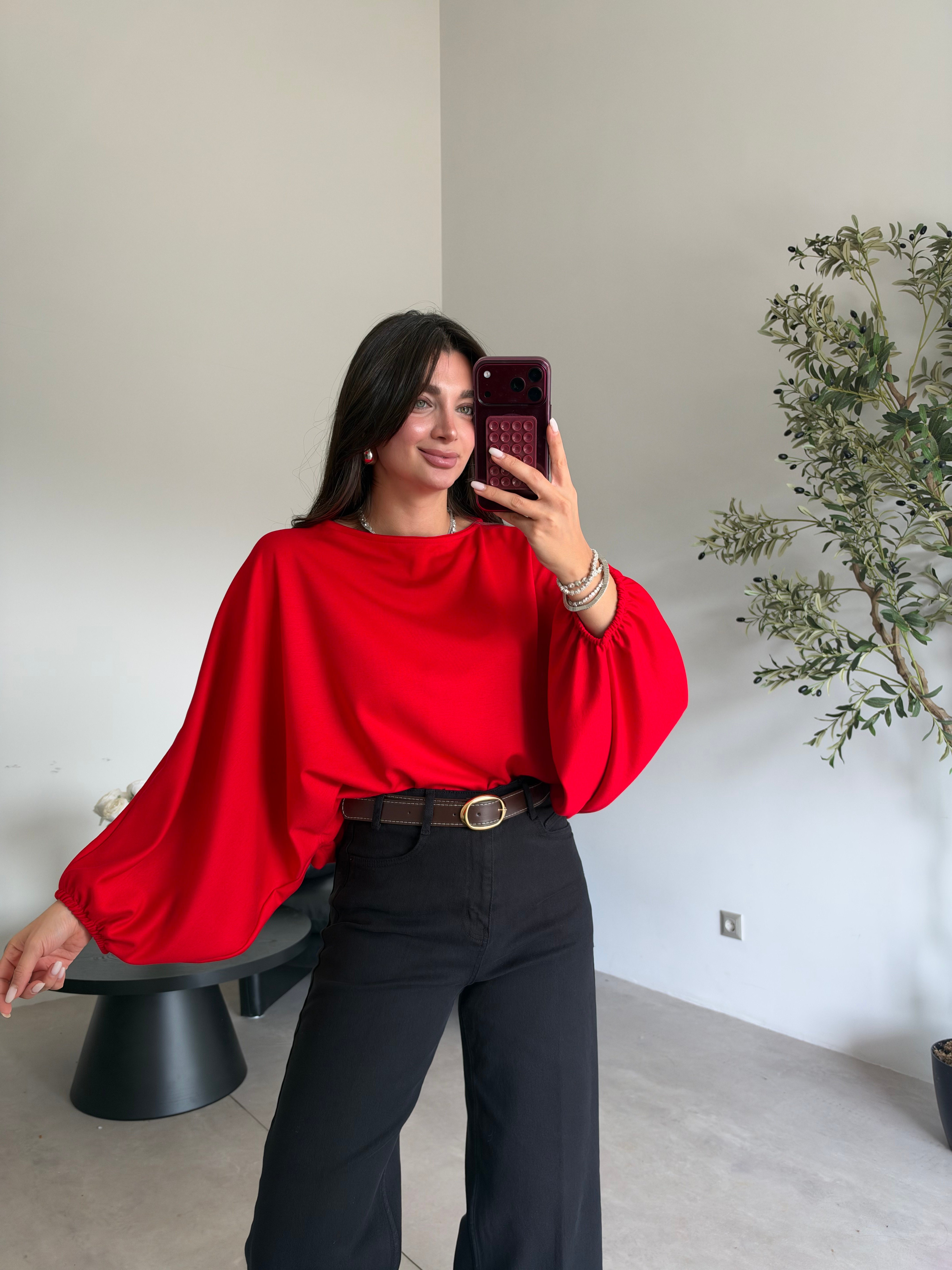 Kırmızı Yarasa Kol Bluz
