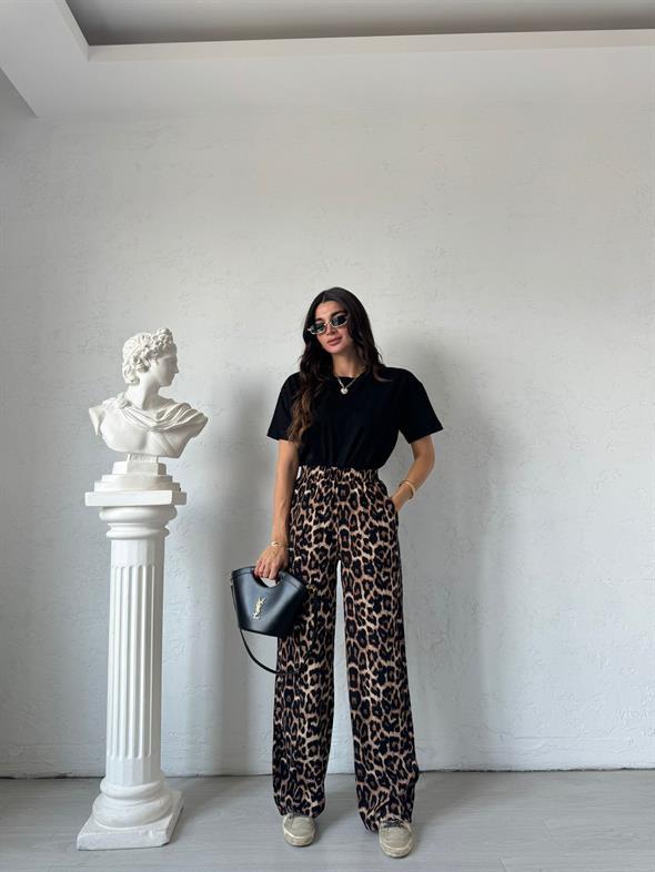 Koyu Kahve Beli Lastikli Leopar Pantolon