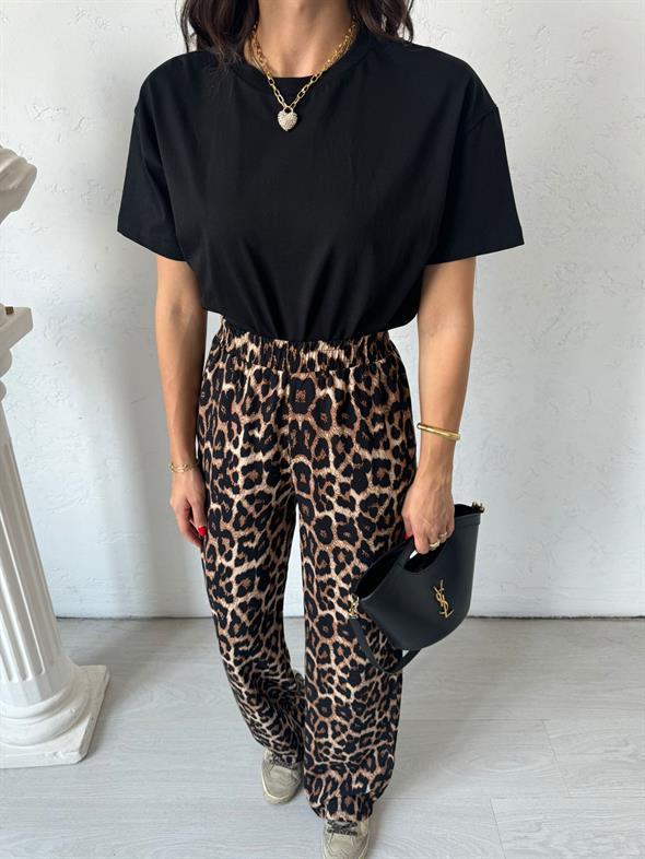 Koyu Kahve Beli Lastikli Leopar Pantolon