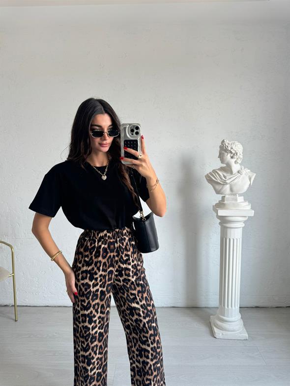 Koyu Kahve Beli Lastikli Leopar Pantolon