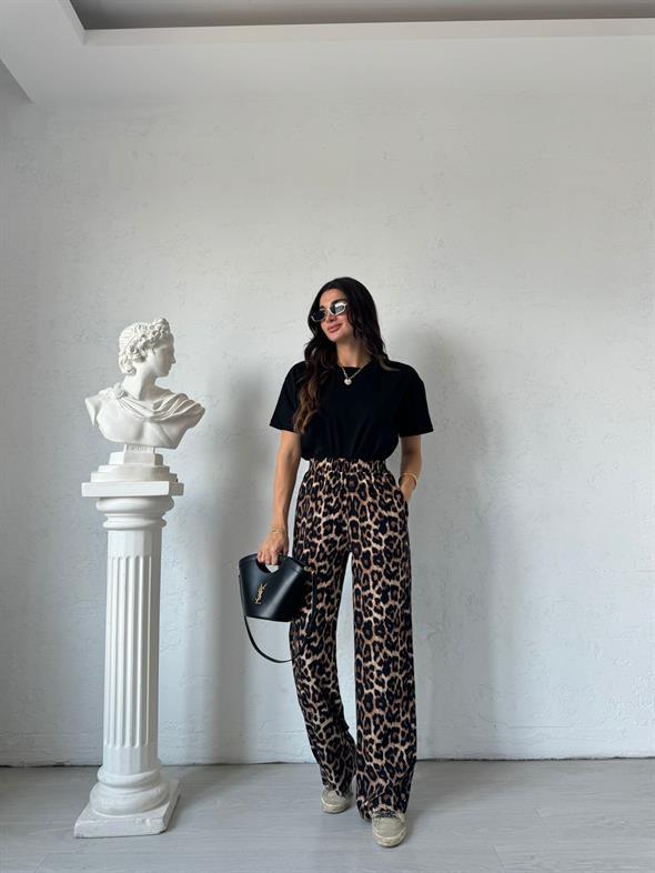 Koyu Kahve Beli Lastikli Leopar Pantolon
