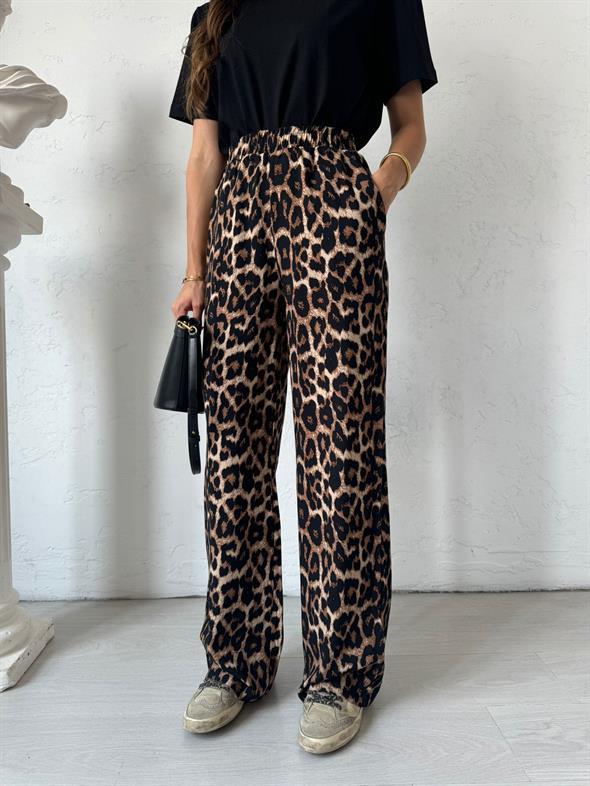 Koyu Kahve Beli Lastikli Leopar Pantolon