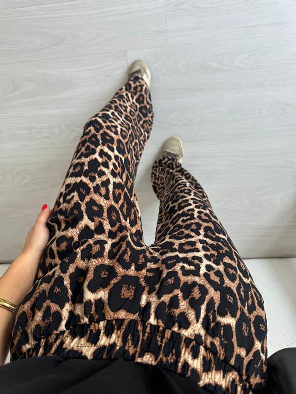 Koyu Kahve Beli Lastikli Leopar Pantolon
