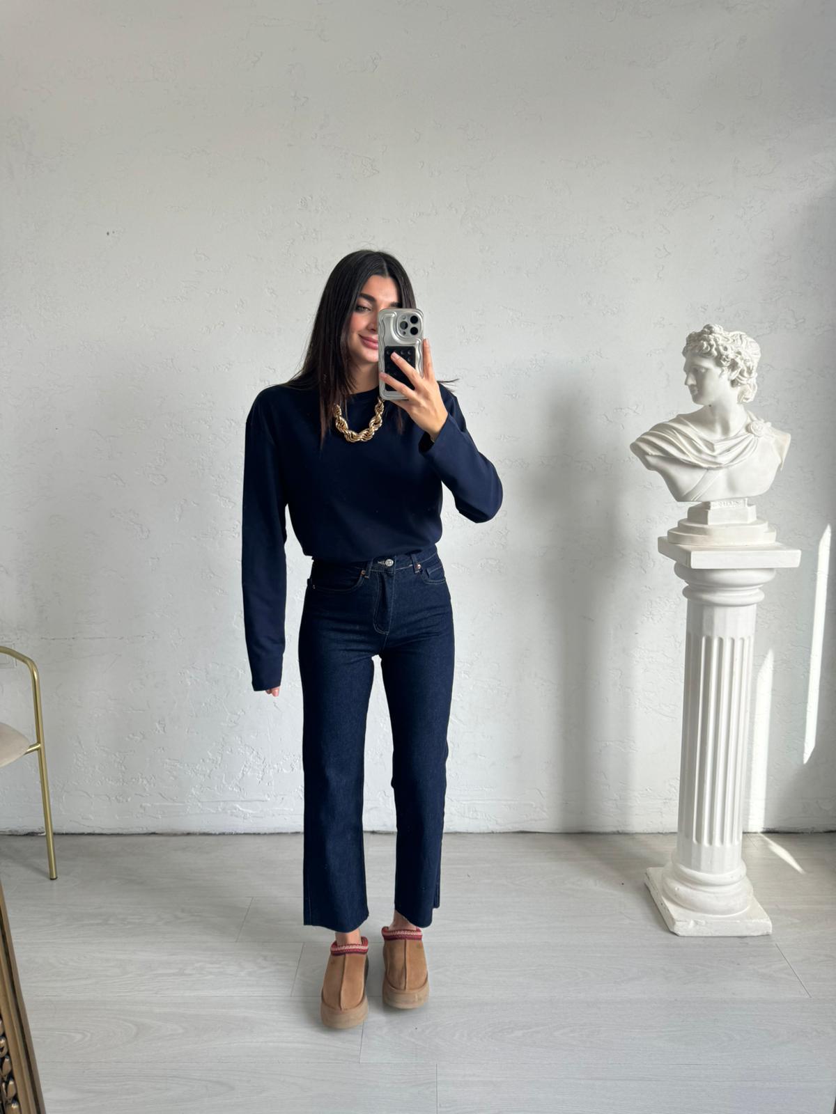 Koyu Lacivert Kesik Paça Rozy Bf Jean