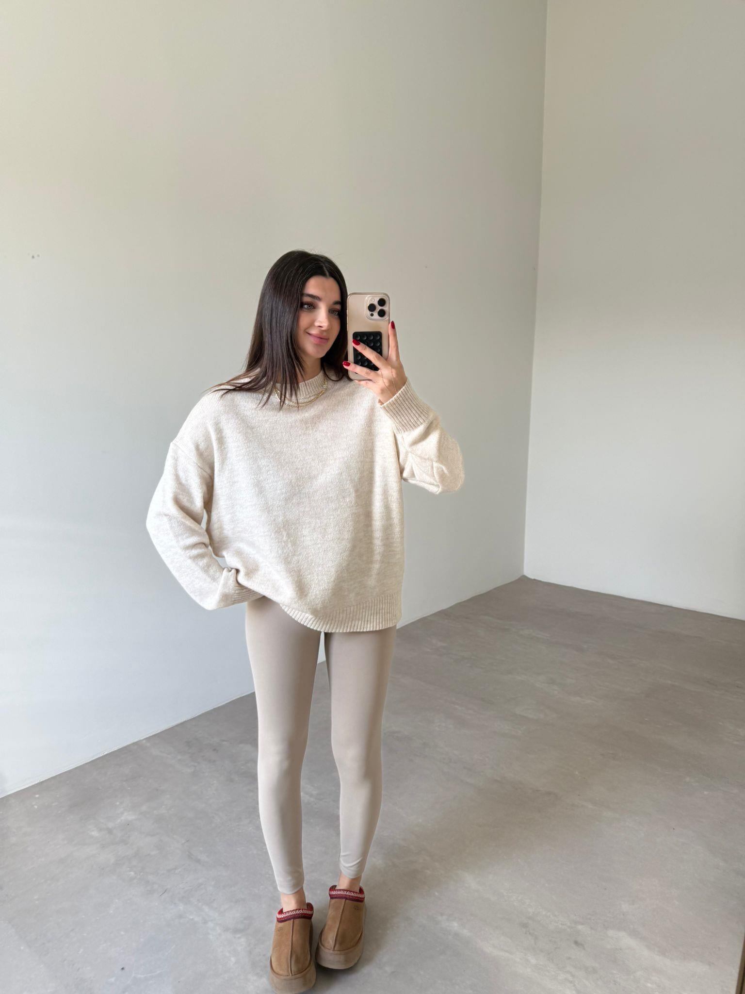 Krem Bisiklet Yaka Oversize Kazak