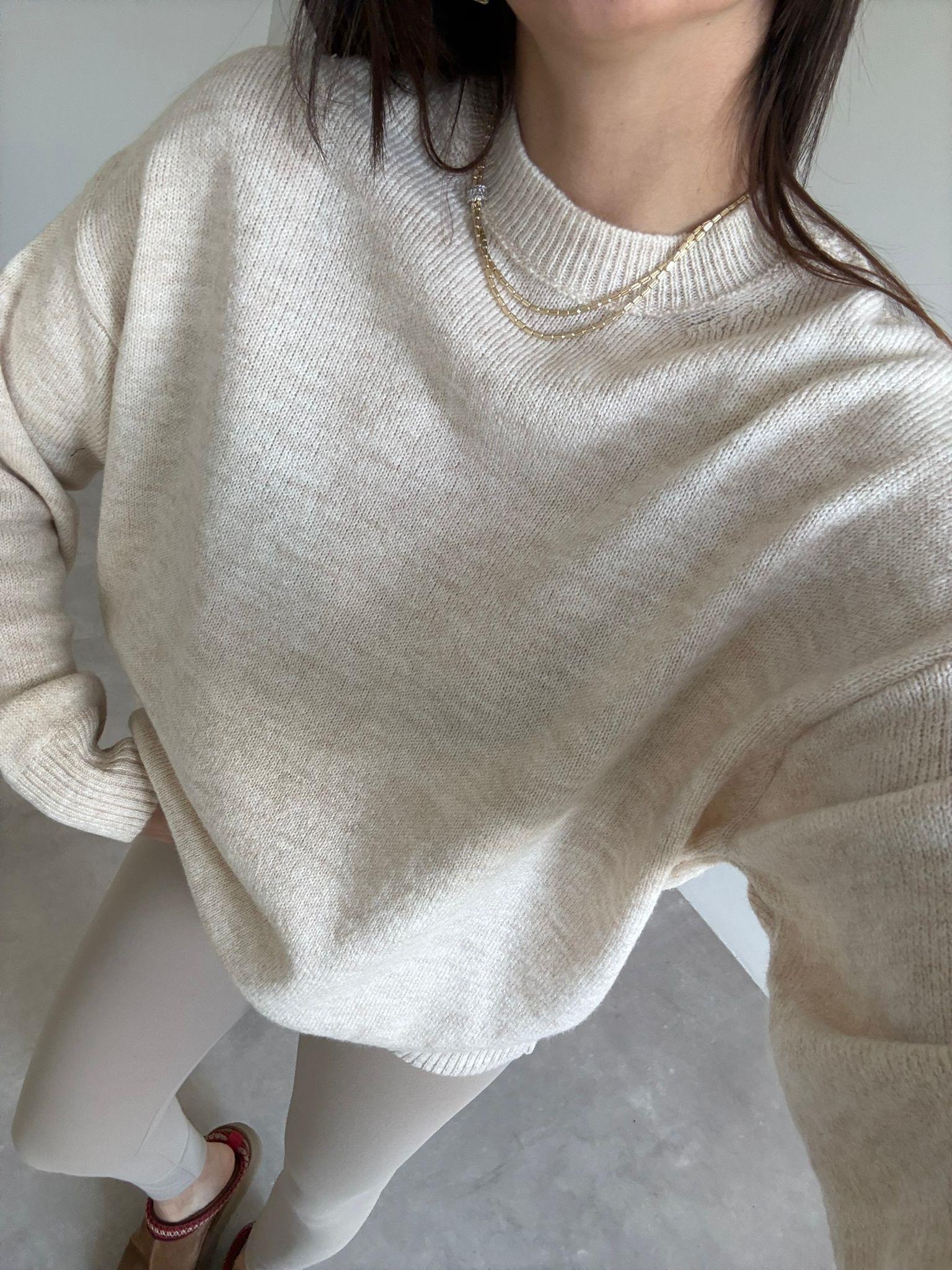 Krem Bisiklet Yaka Oversize Kazak