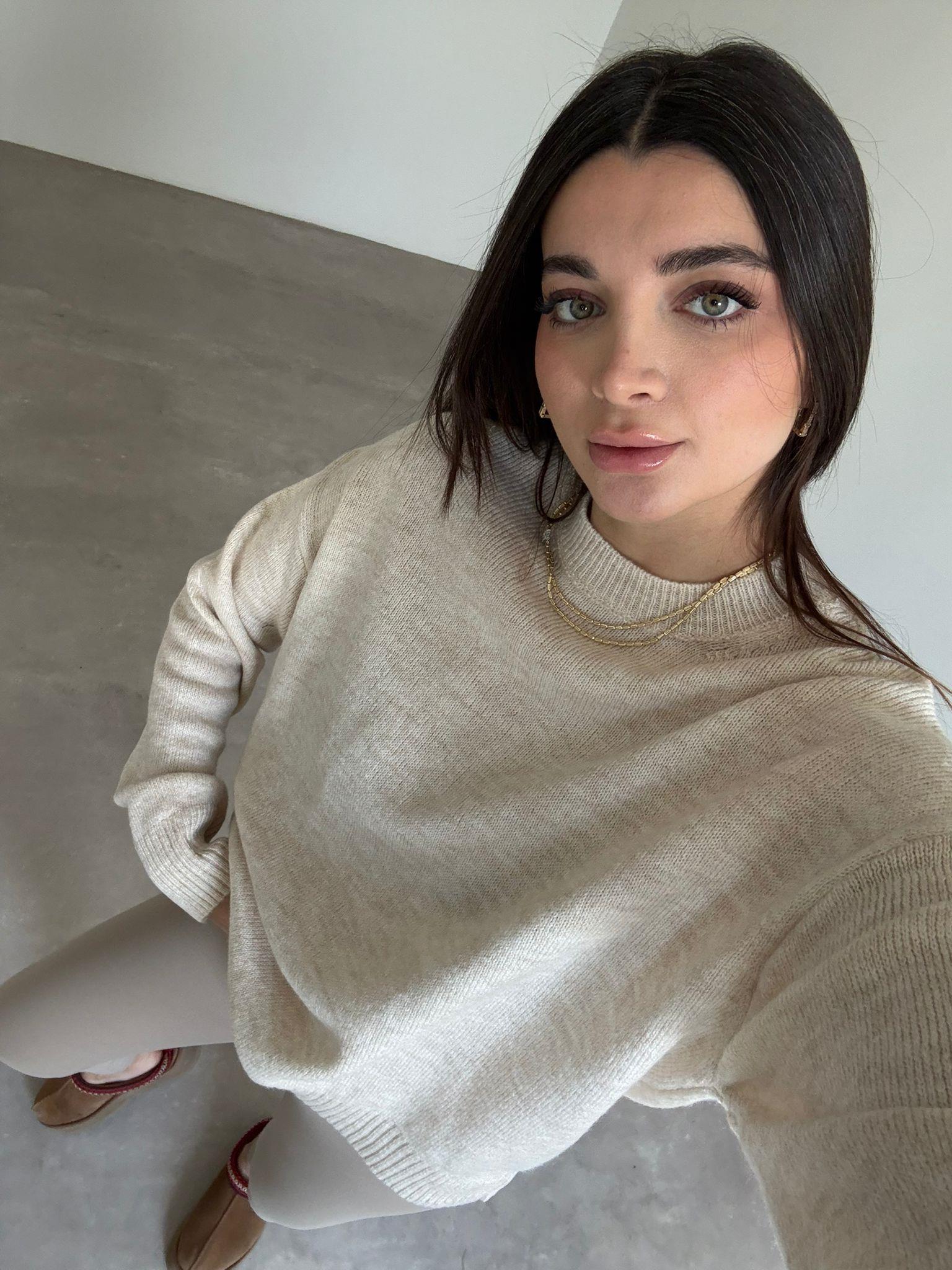 Krem Bisiklet Yaka Oversize Kazak