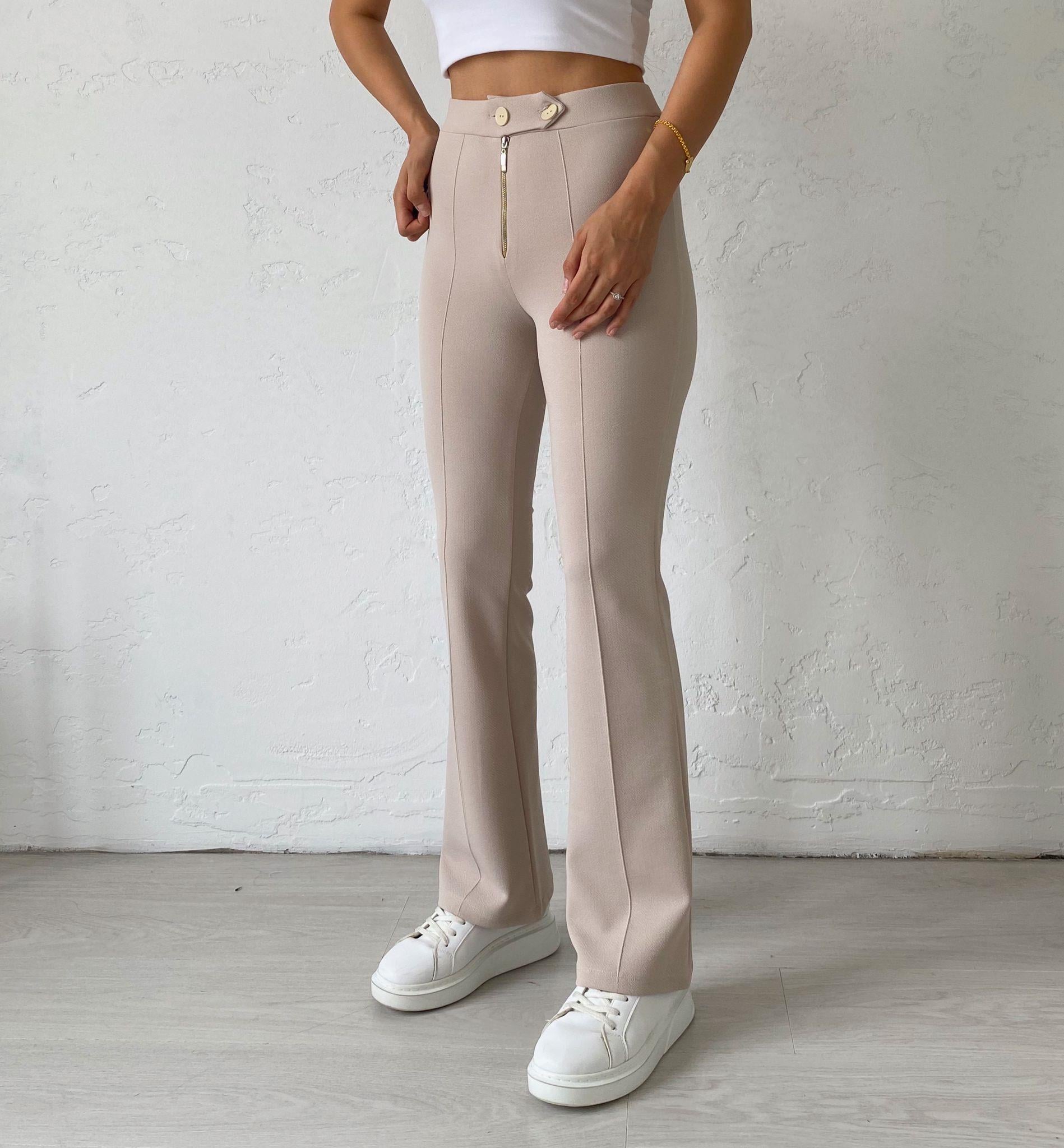 Krem Çift Düğmeli Biyeli Palazzo Pantolon