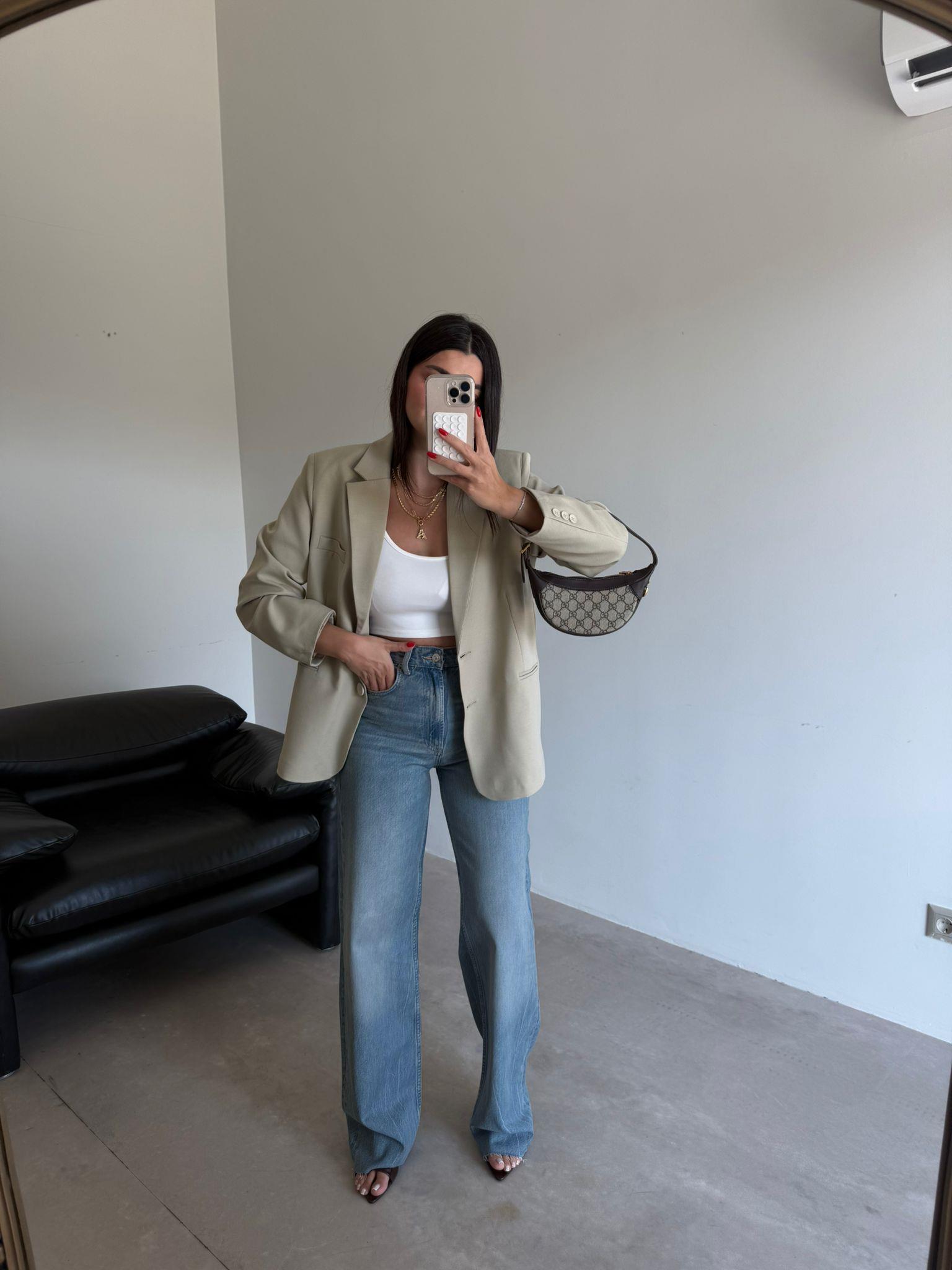 Krem Çift Düğmeli Blazer Ceket