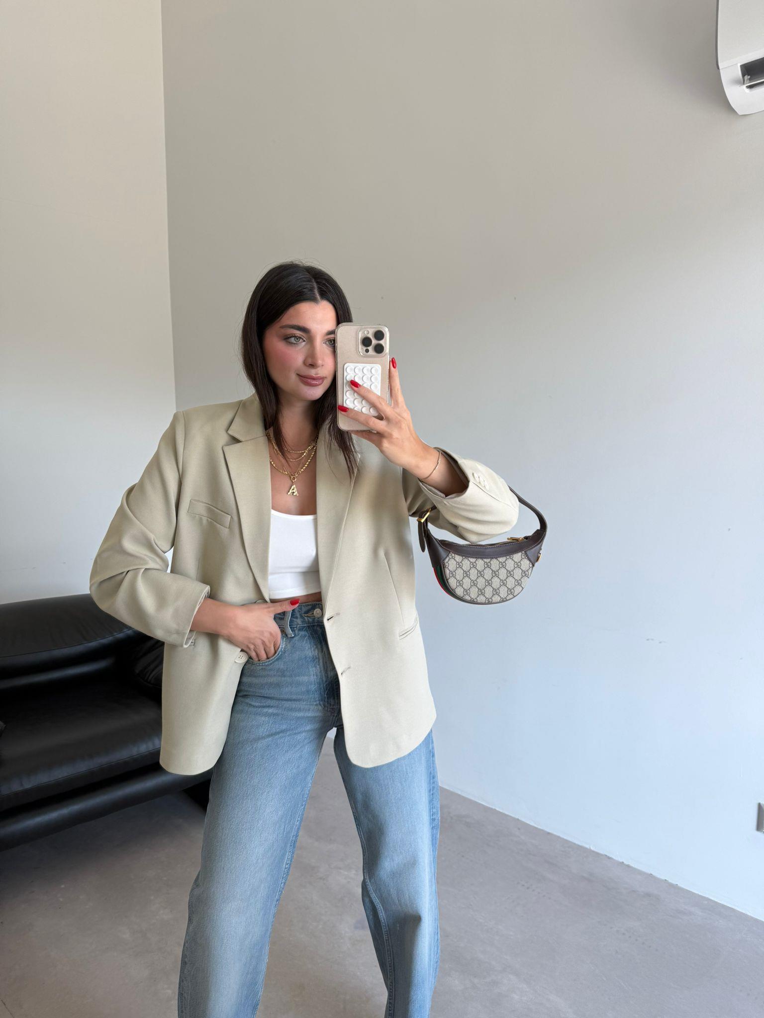 Krem Çift Düğmeli Blazer Ceket